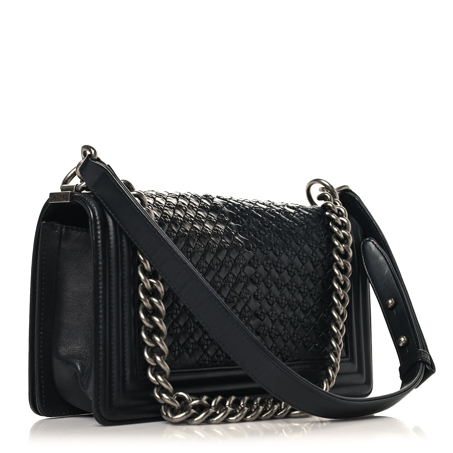 Lambskin Braided Woven Medium Boy Flap Black - Image 3