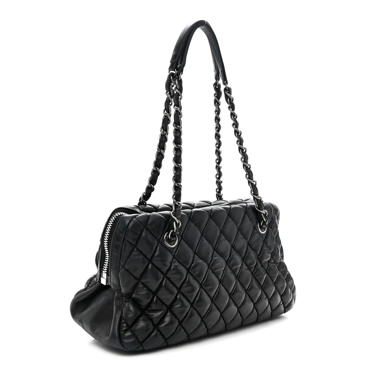 Lambskin Bubble Quilt Small Double Bowling Bag Black - Image 3