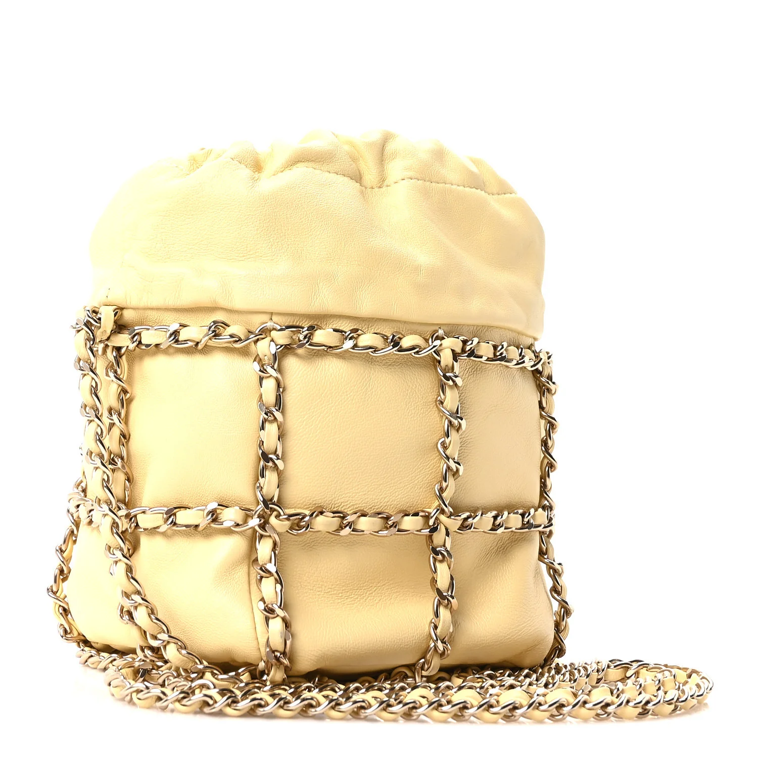 Lambskin Bucket Chain Drawstring Bag Yellow - Image 3