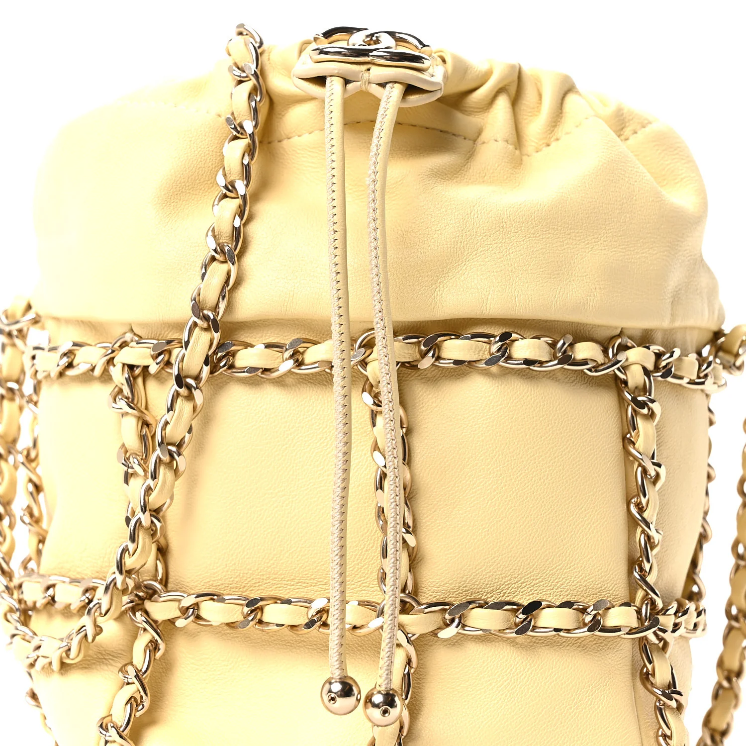 Lambskin Bucket Chain Drawstring Bag Yellow - Image 8