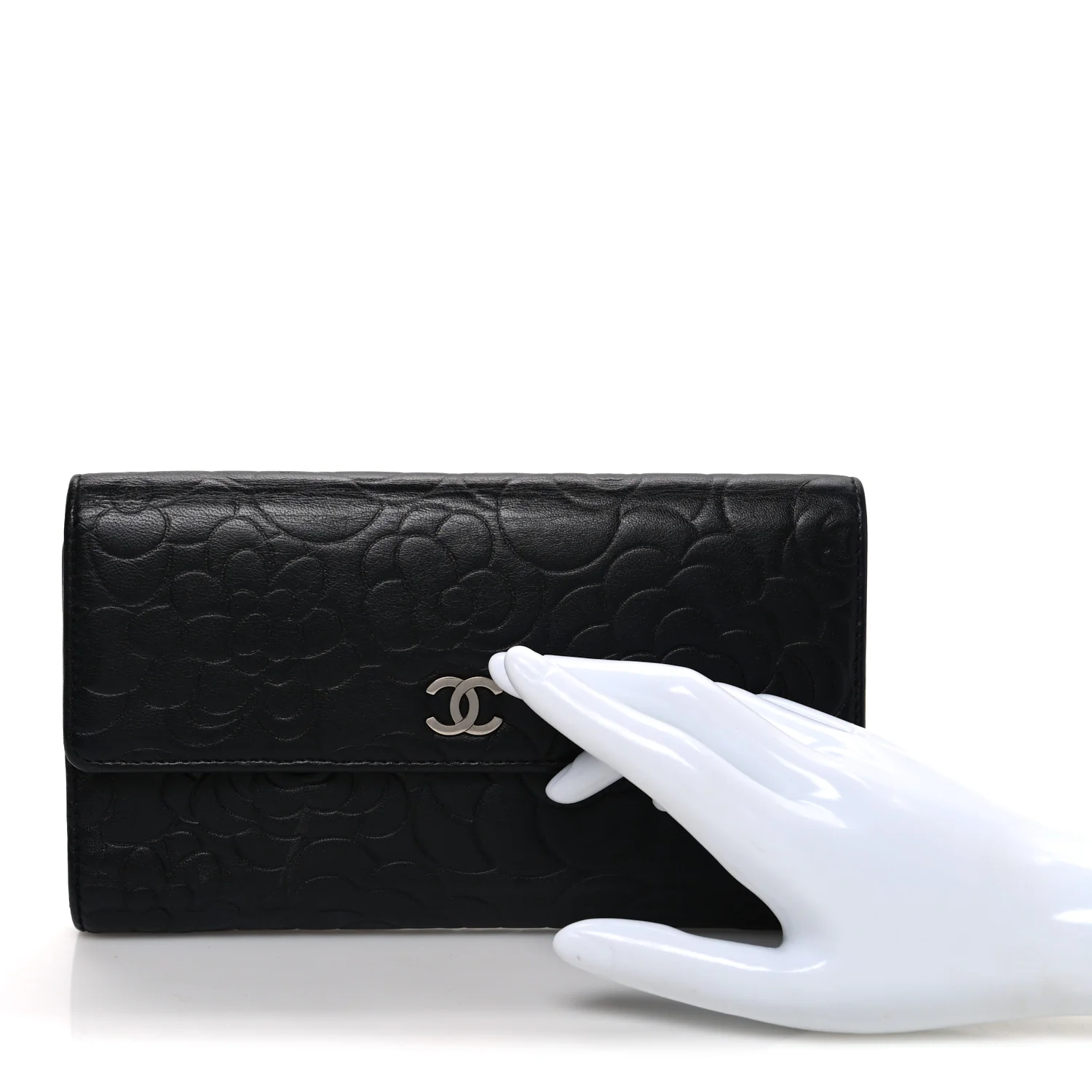 Lambskin Camellia Embossed Large Flap Wallet Black - Image 2