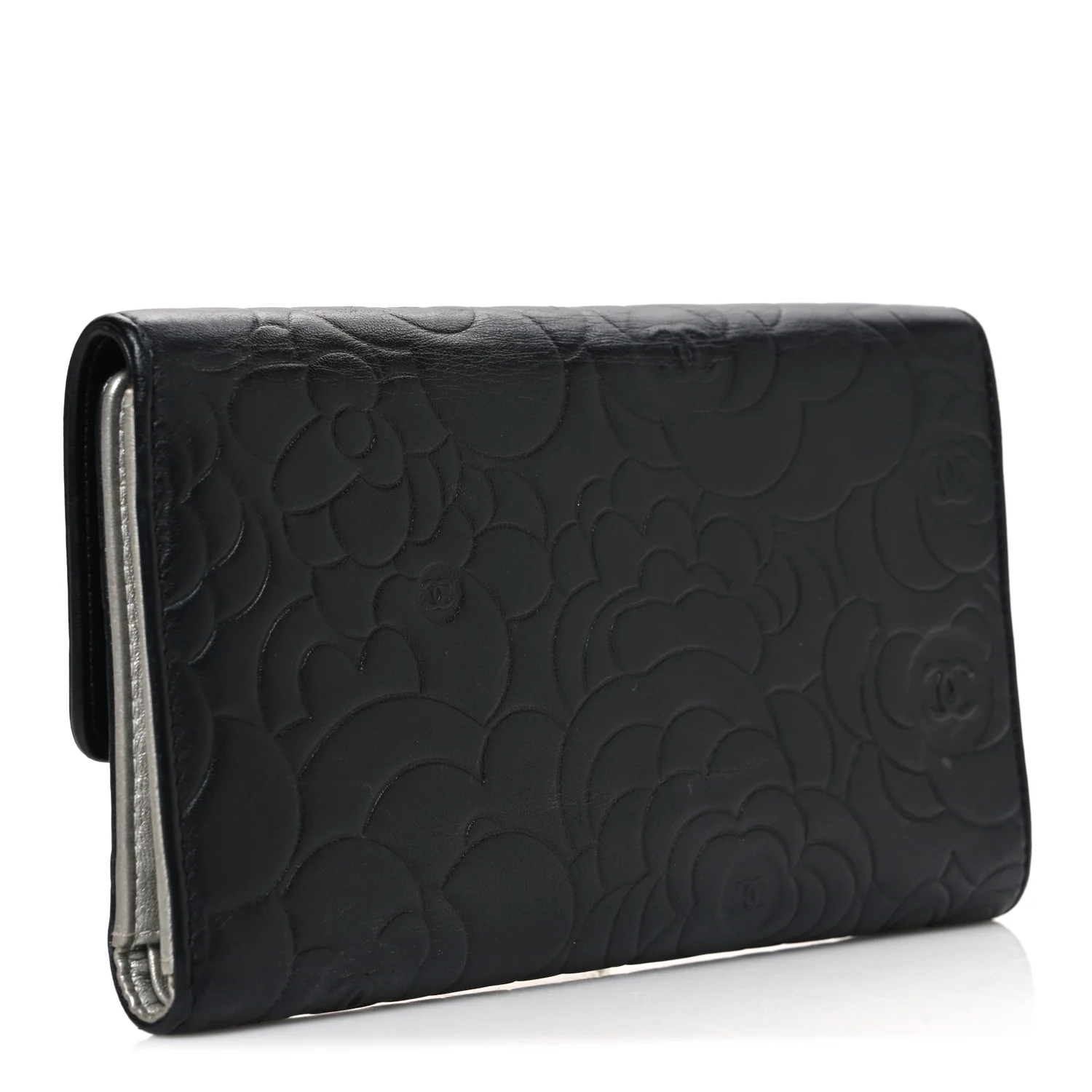 Lambskin Camellia Embossed Large Flap Wallet Black - Image 3