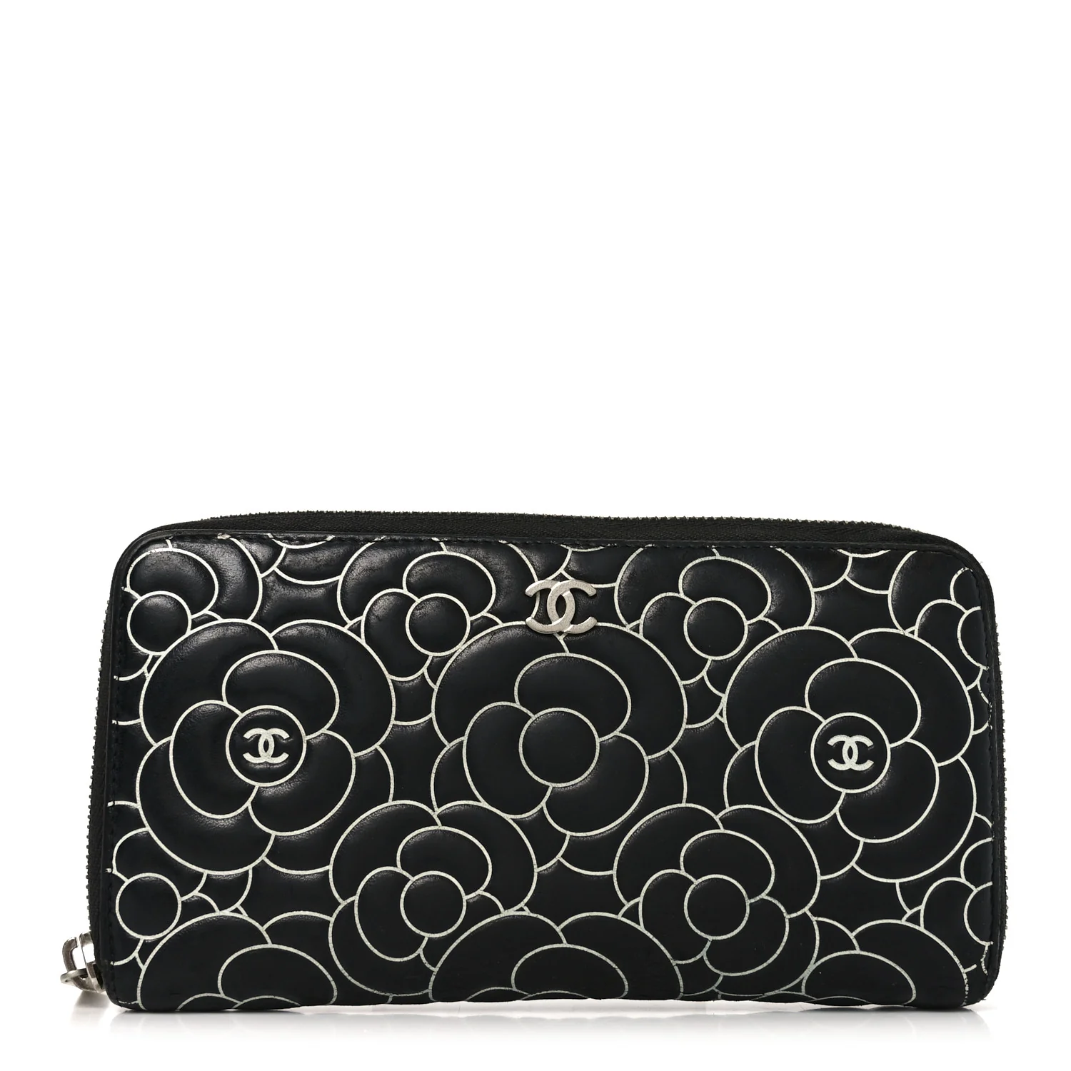 Lambskin Camellia Embossed Large Zip Around Gusset Wallet Black White