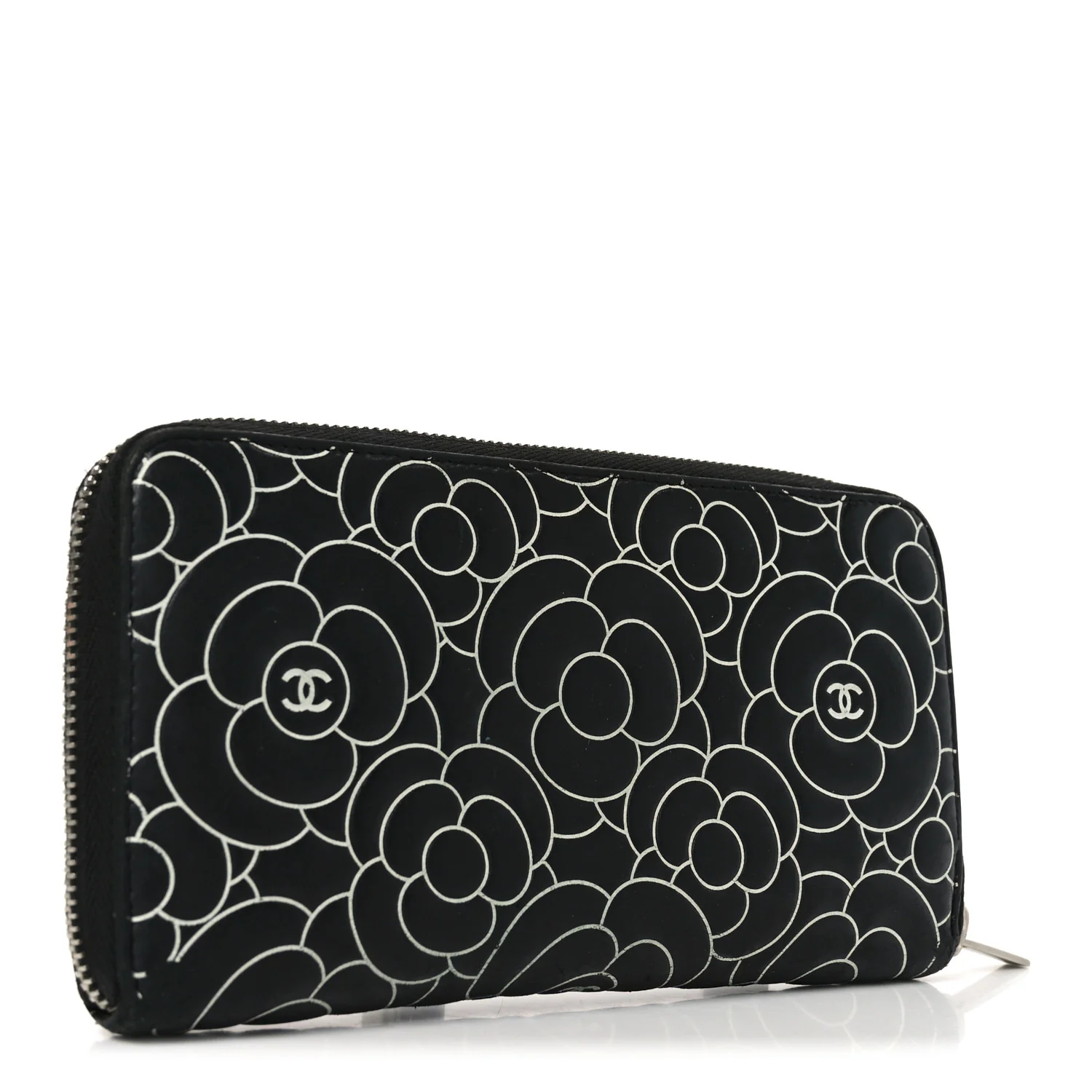Lambskin Camellia Embossed Large Zip Around Gusset Wallet Black White - Image 3