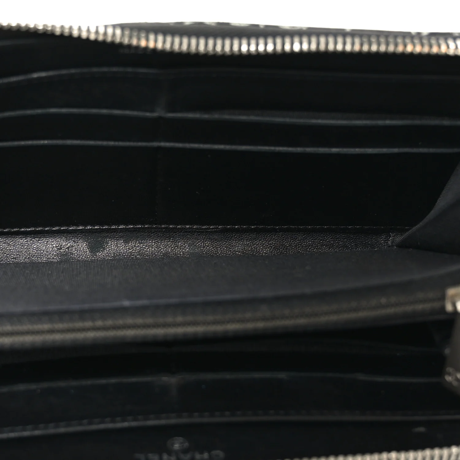 Lambskin Camellia Embossed Large Zip Around Gusset Wallet Black White - Image 5