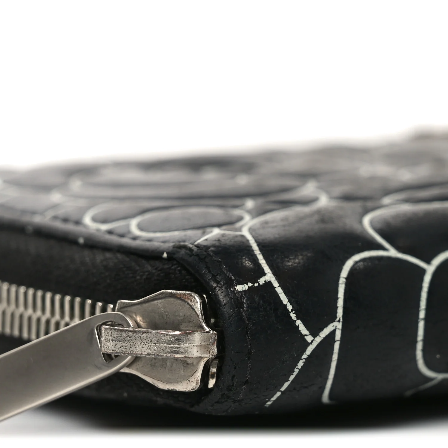 Lambskin Camellia Embossed Large Zip Around Gusset Wallet Black White - Image 9