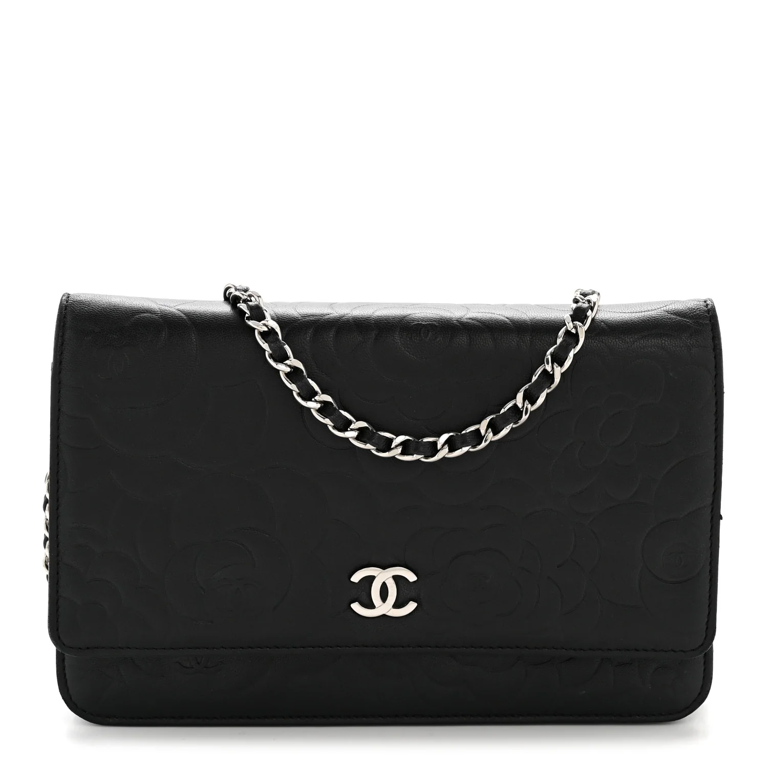 Lambskin Camellia Embossed Wallet On Chain WOC Black