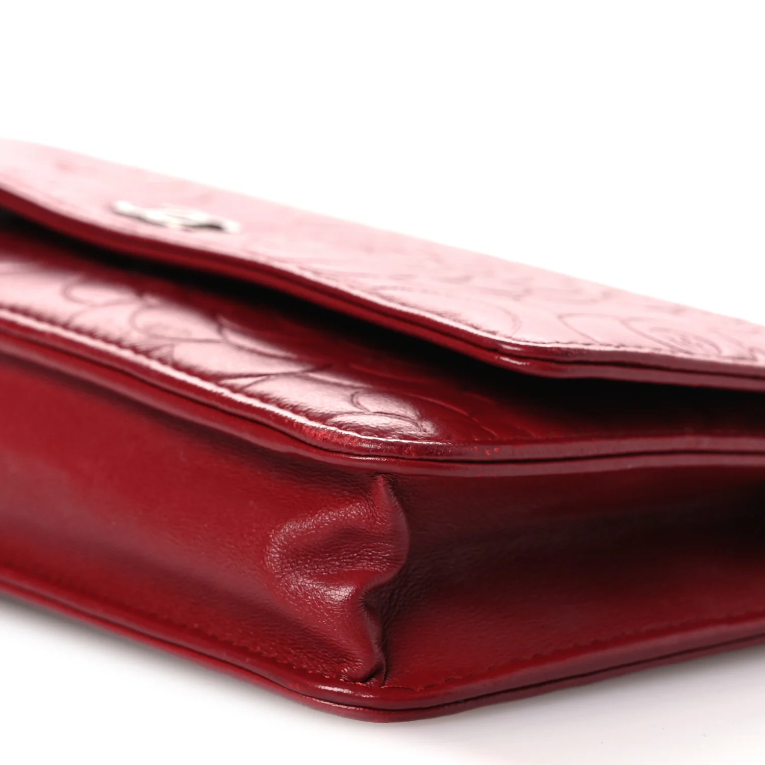 Lambskin Camellia Embossed Wallet on Chain WOC Red - Image 11