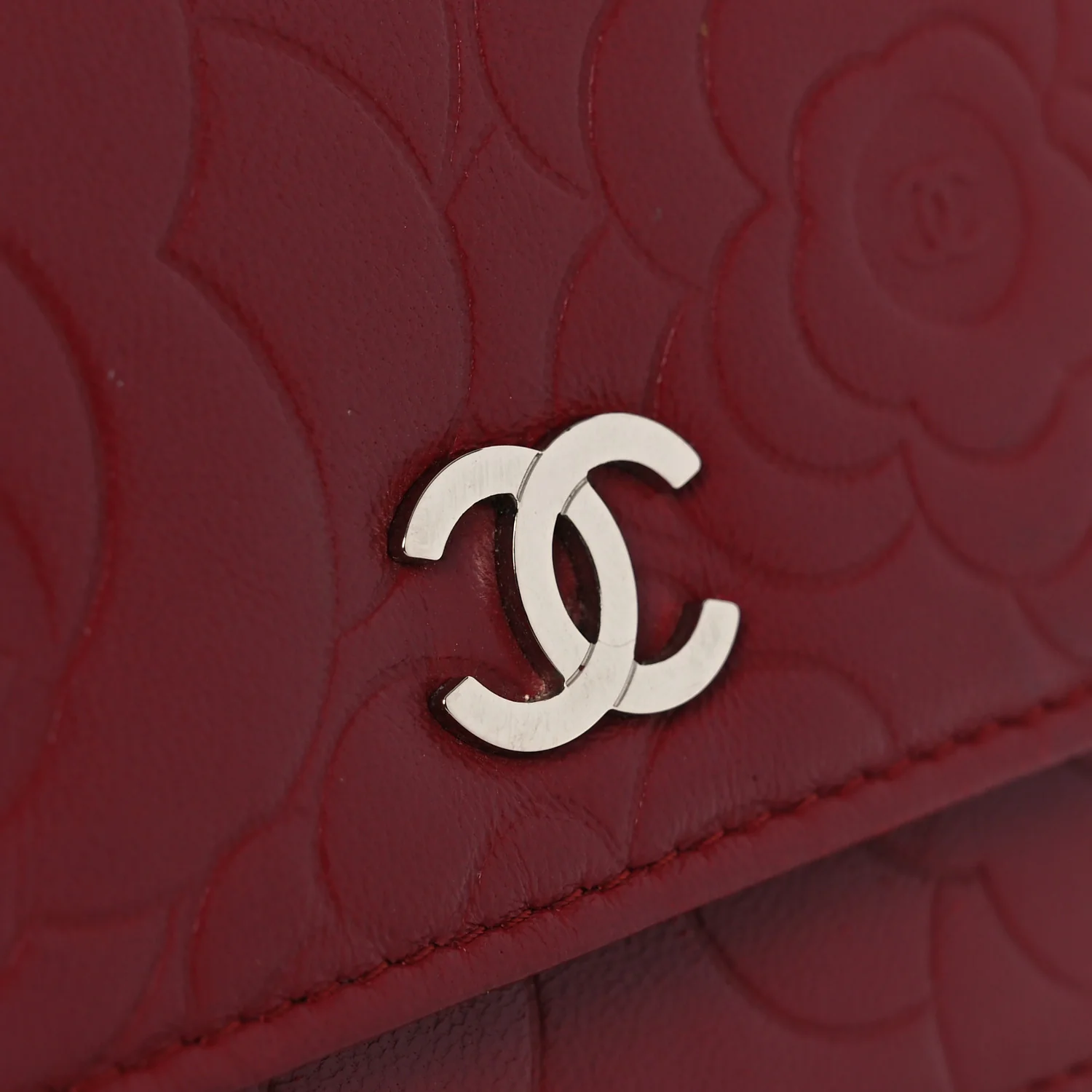 Lambskin Camellia Embossed Wallet on Chain WOC Red - Image 12