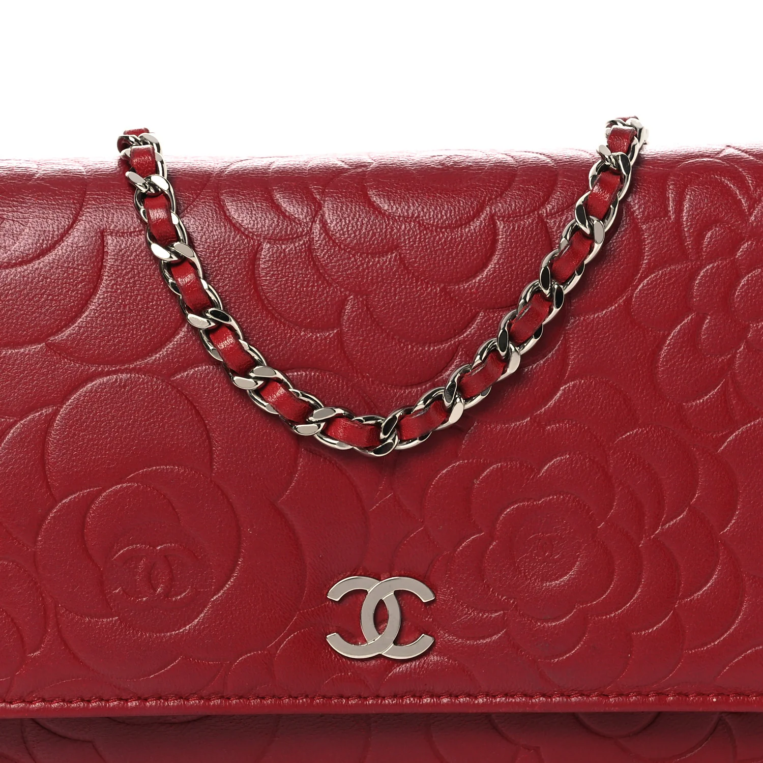 Lambskin Camellia Embossed Wallet on Chain WOC Red - Image 9