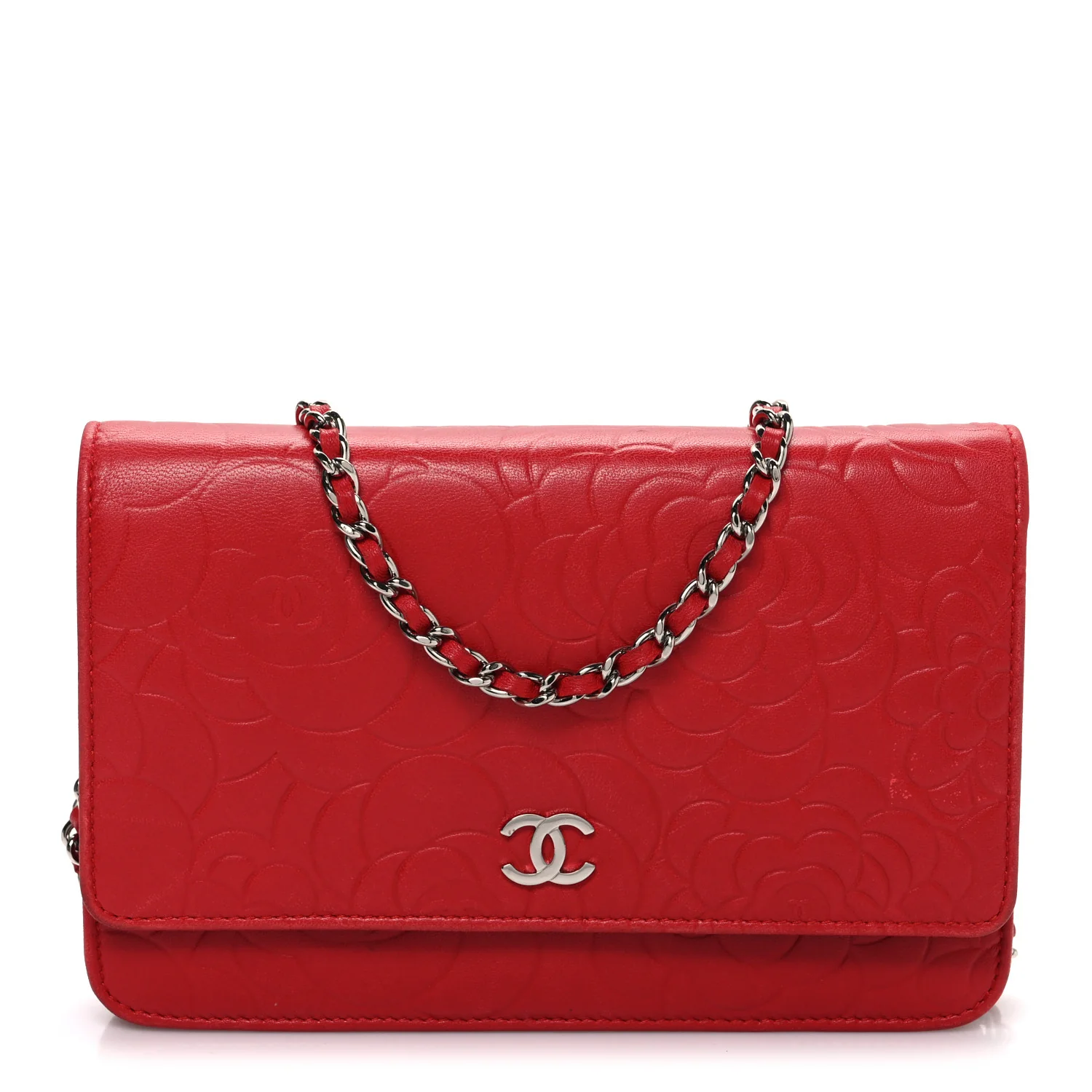 Lambskin Camellia Embossed Wallet on Chain WOC Red