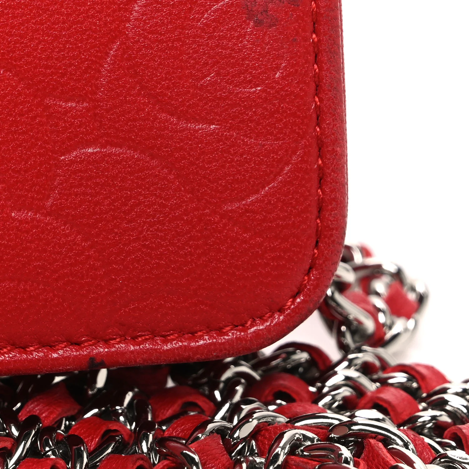 Lambskin Camellia Embossed Wallet on Chain WOC Red - Image 12