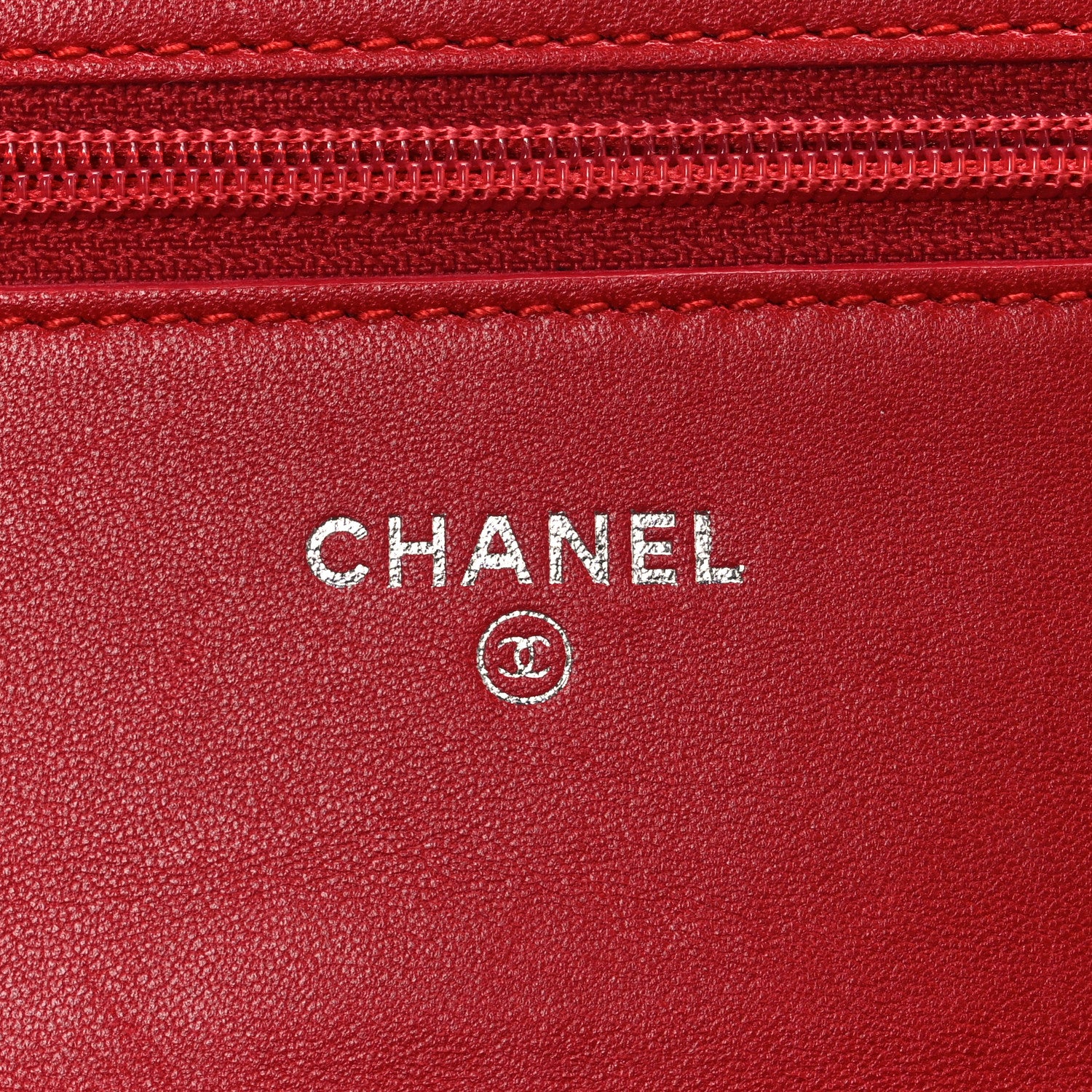 Lambskin Camellia Embossed Wallet on Chain WOC Red - Image 6