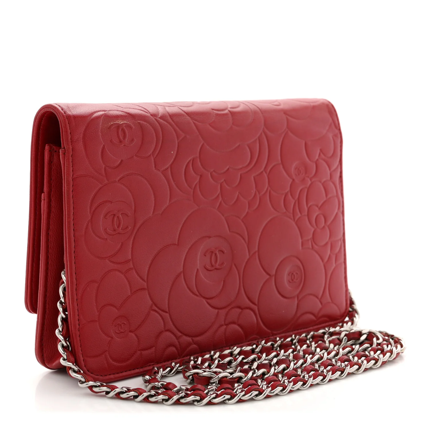 Lambskin Camellia Embossed Wallet On Chain WOC Red - Image 3