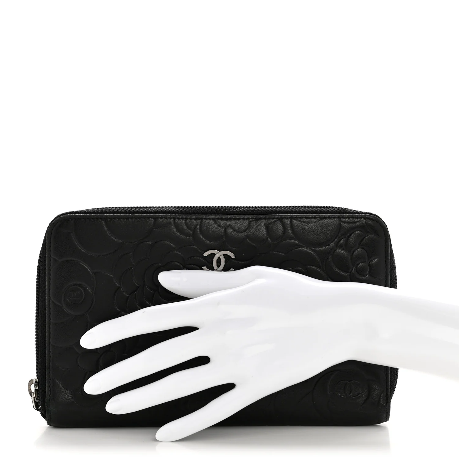 Lambskin Camellia Embossed Zip Around Organizer Wallet Black - Image 2