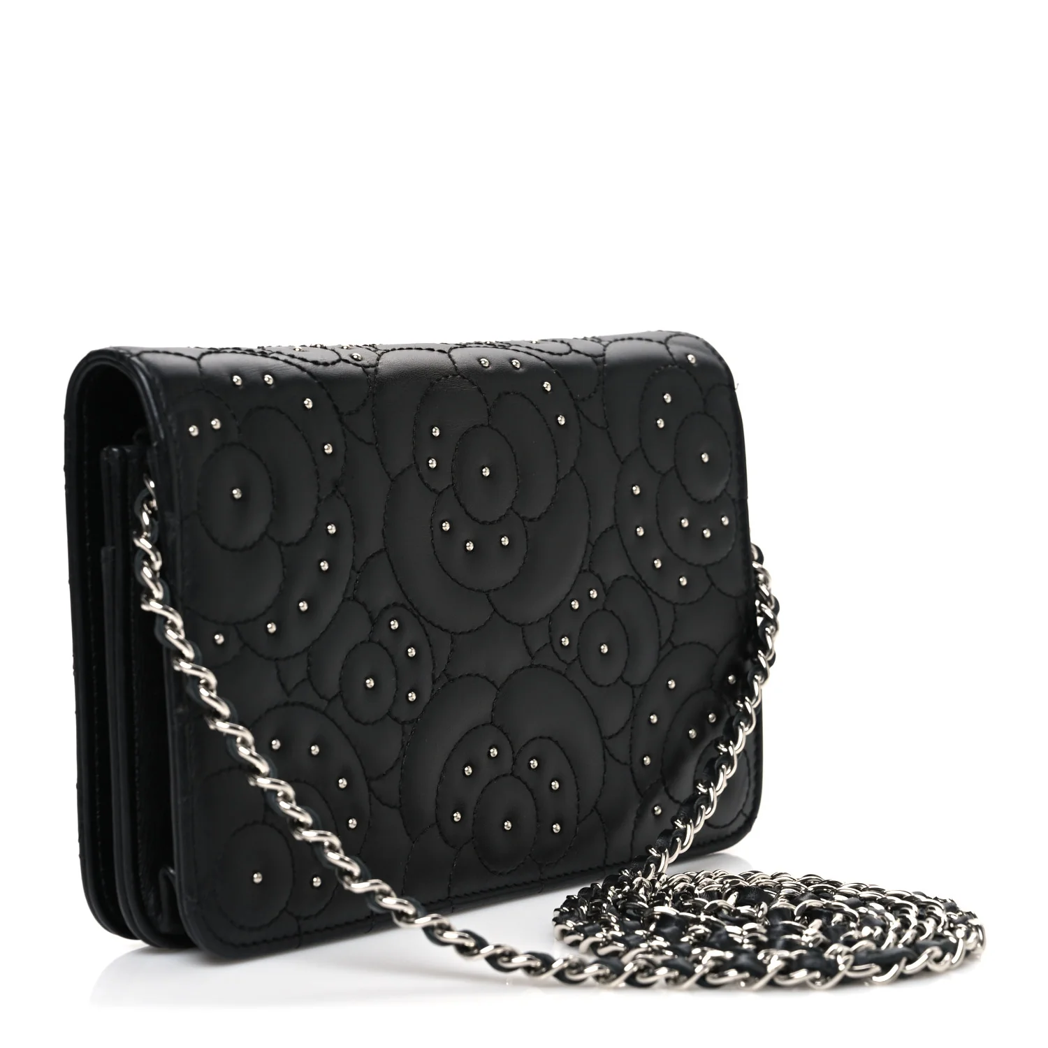 Lambskin Camellia Studded Wallet on Chain WOC Black - Image 3