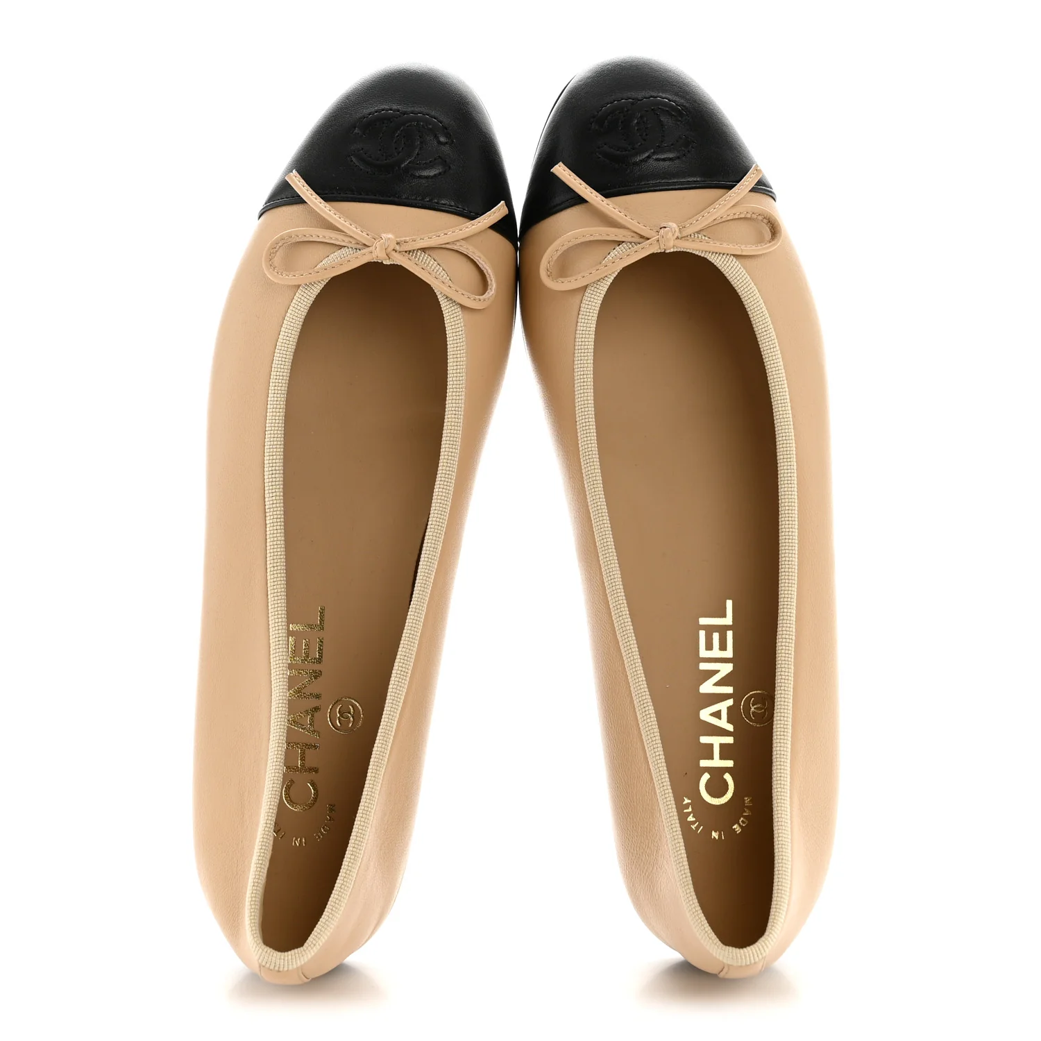 Lambskin Cap Toe CC Ballerina Flats 38 Beige Black - Image 2