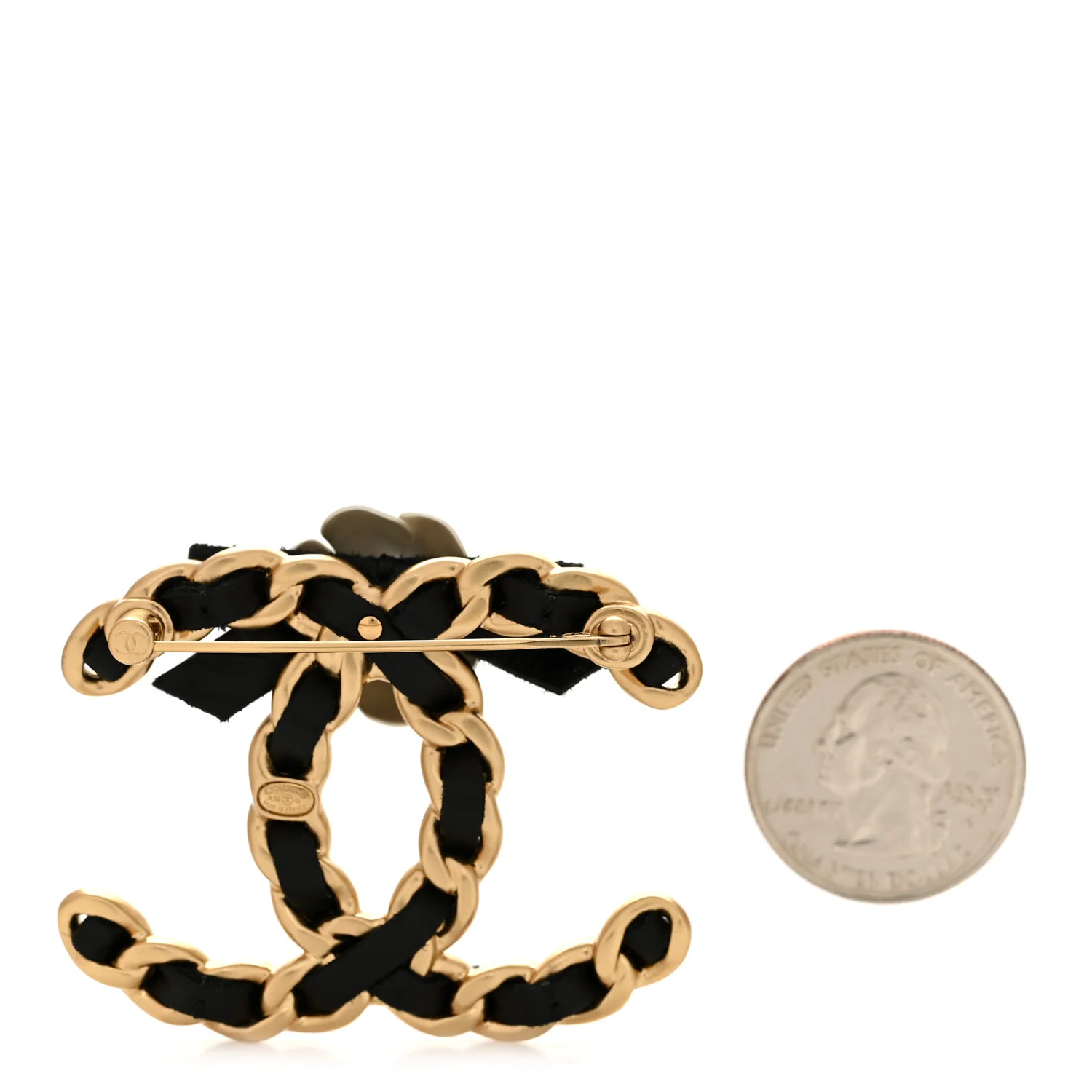 Lambskin Chain Camellia CC Brooch Black Gold - Image 2