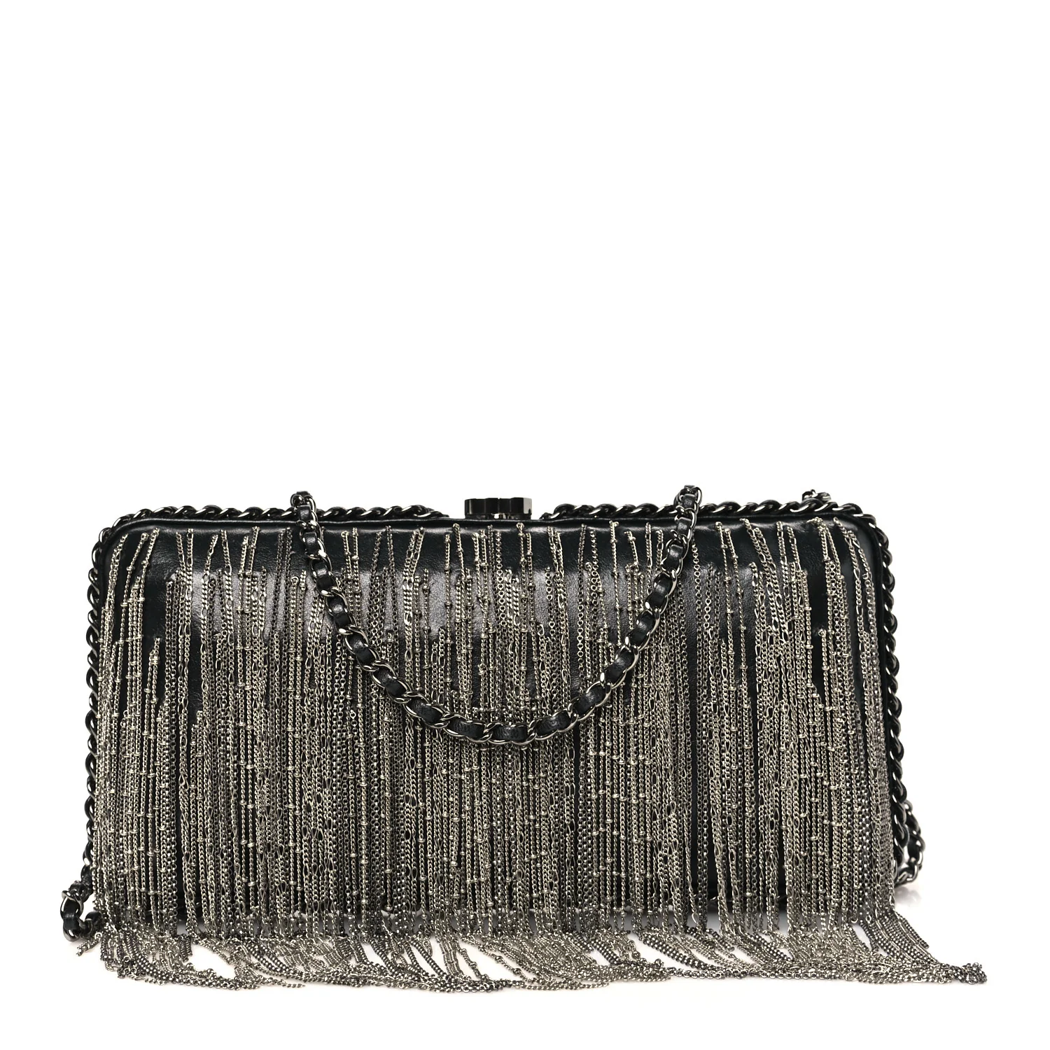 Lambskin Chain Fringe Clutch With Chain Black