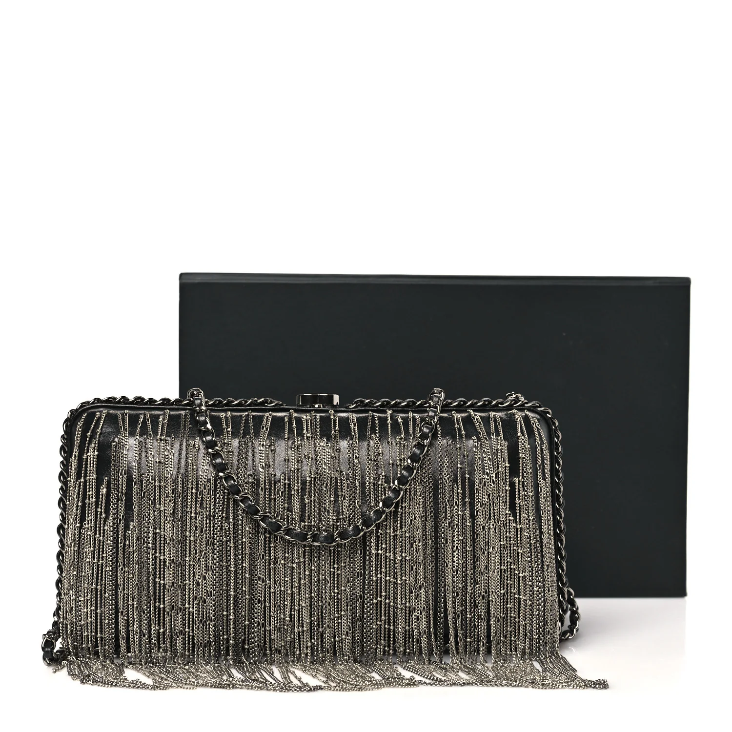 Lambskin Chain Fringe Clutch With Chain Black - Image 11