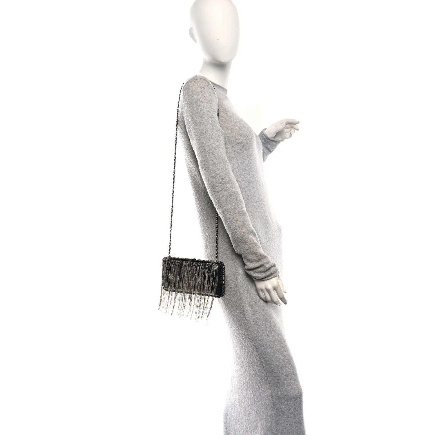 Lambskin Chain Fringe Clutch With Chain Black - Image 2