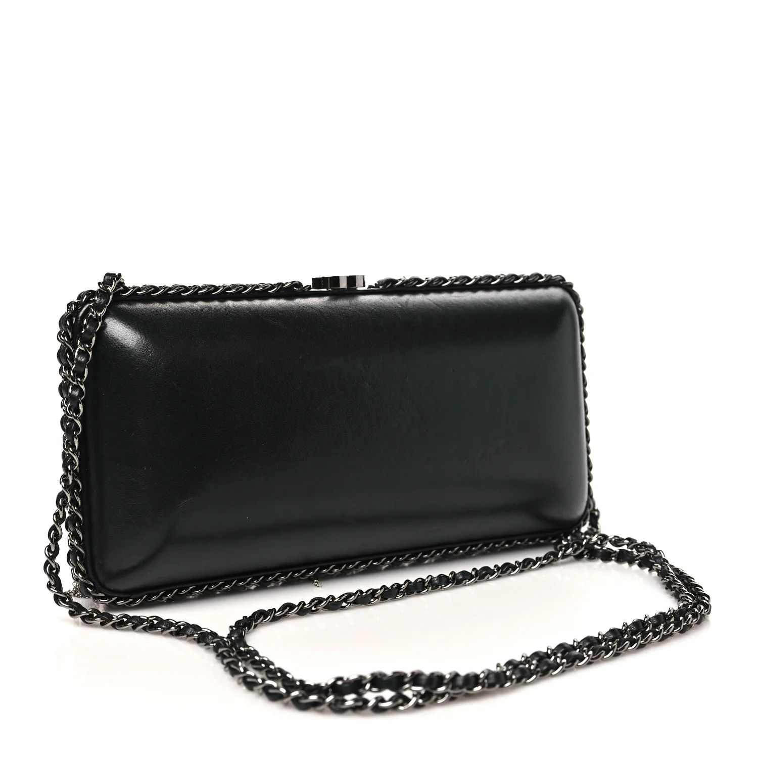 Lambskin Chain Fringe Clutch With Chain Black - Image 3
