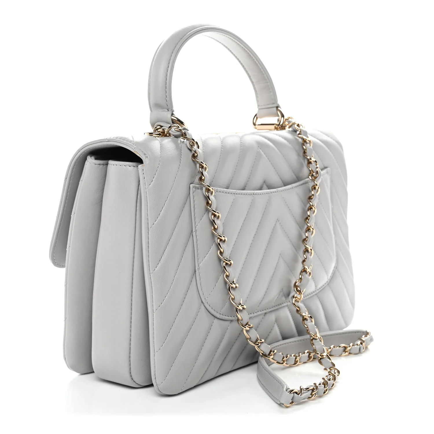 Lambskin Chevron Quilted Medium Trendy CC Dual Handle Flap Bag Grey - Image 3