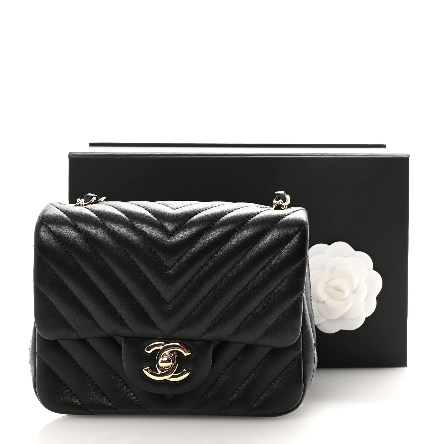 Lambskin Chevron Quilted Mini Square Flap Black - Image 11