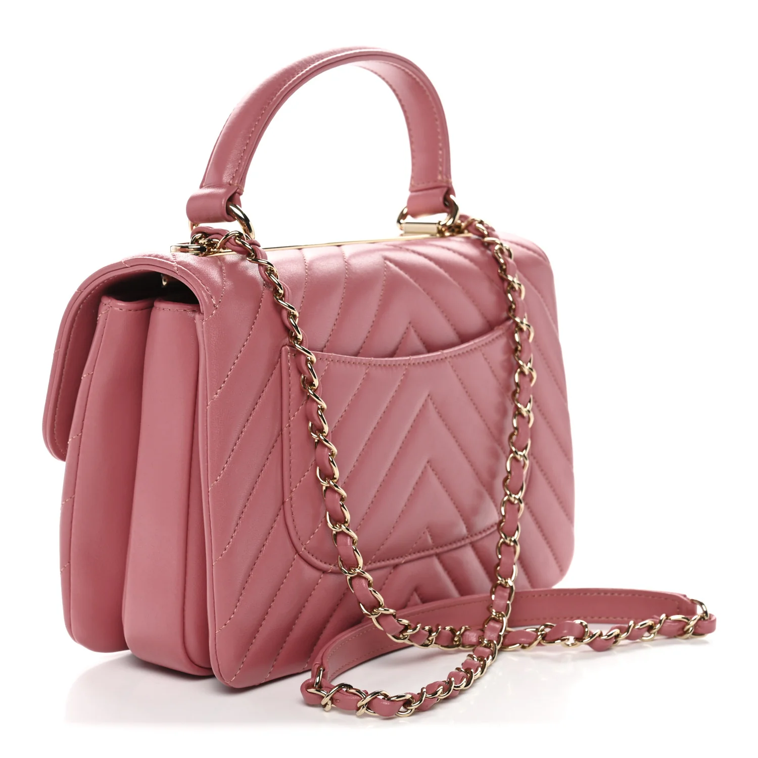 Lambskin Chevron Quilted Small Trendy CC Dual Handle Flap Bag Rosewood - Image 3