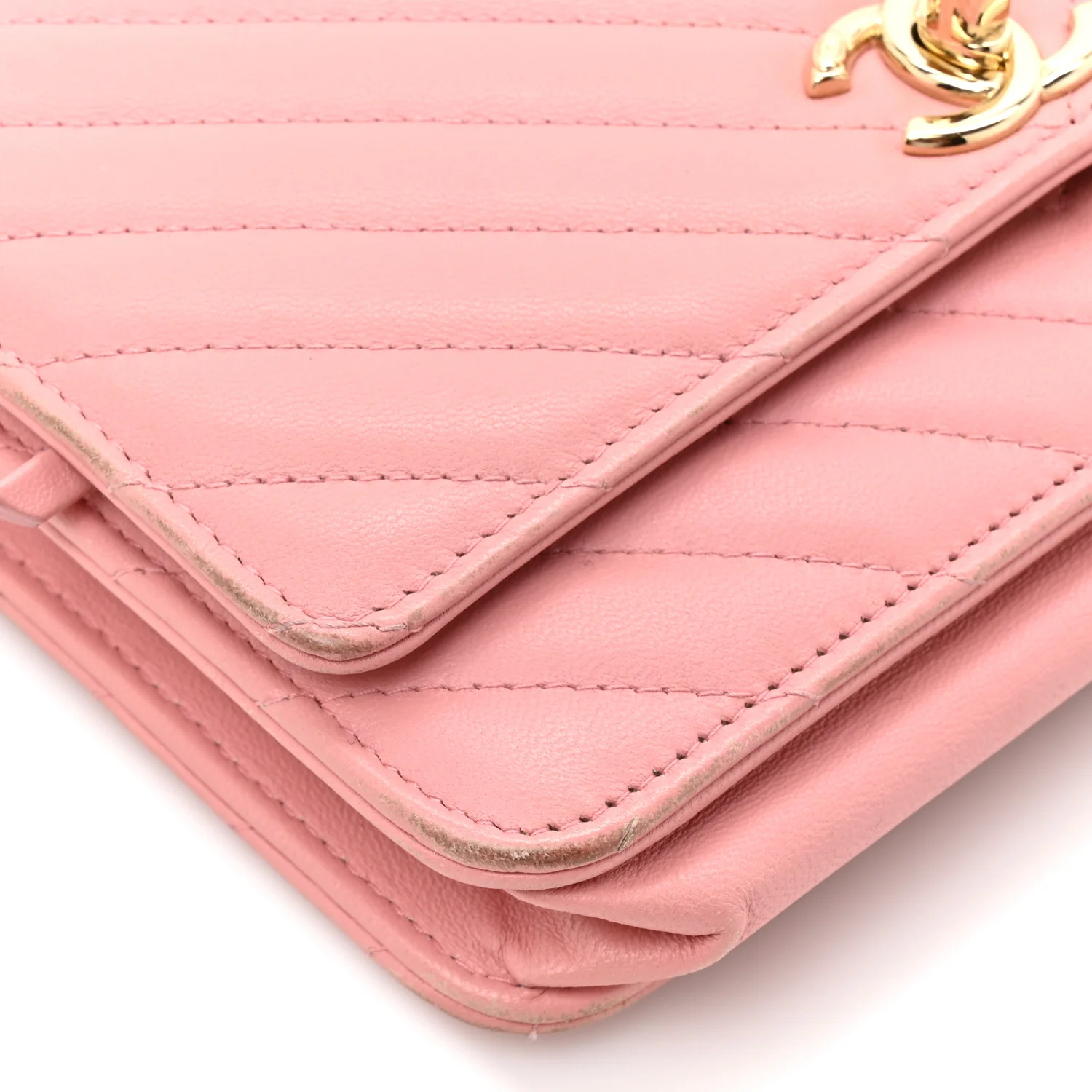 Lambskin Chevron Quilted Trendy CC Wallet On Chain WOC Pink - Image 11