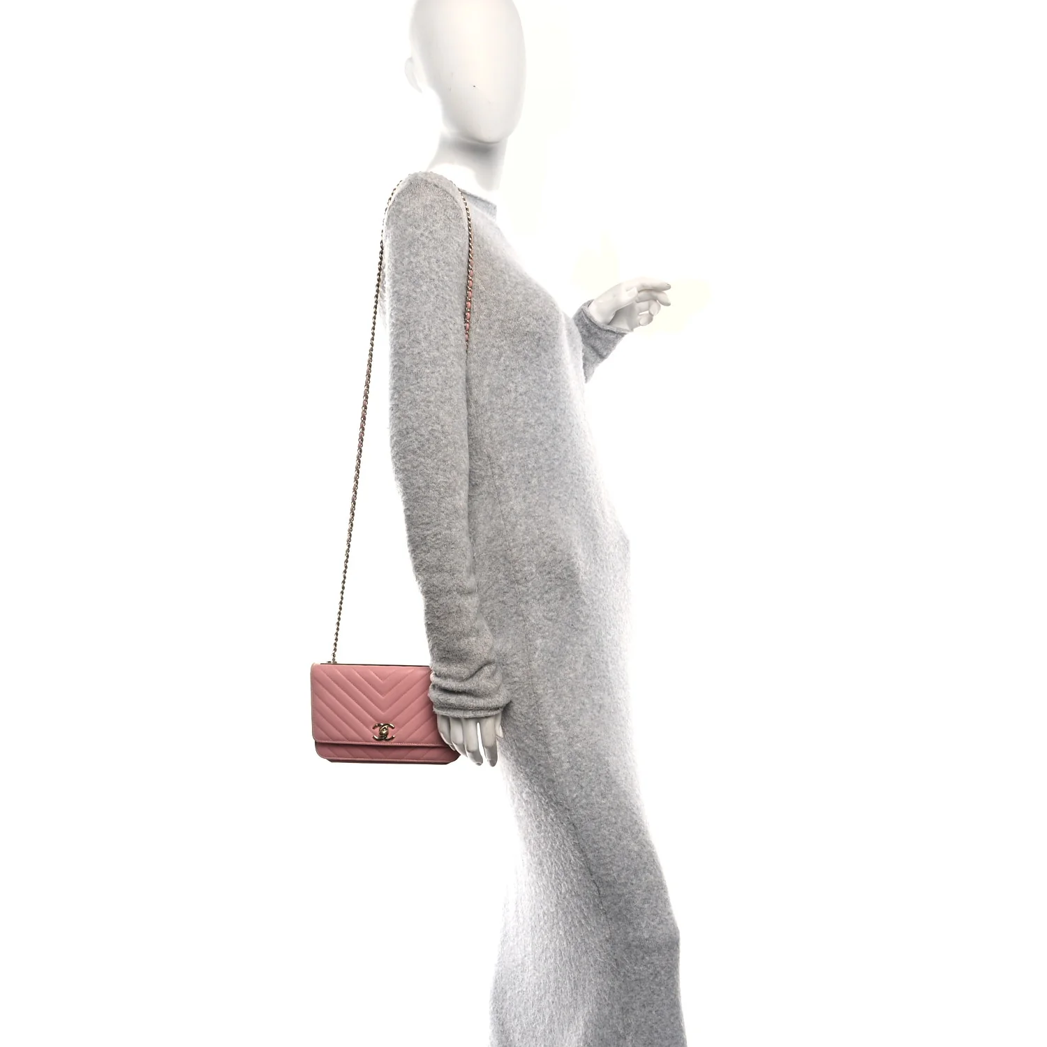 Lambskin Chevron Quilted Trendy CC Wallet On Chain WOC Pink - Image 2