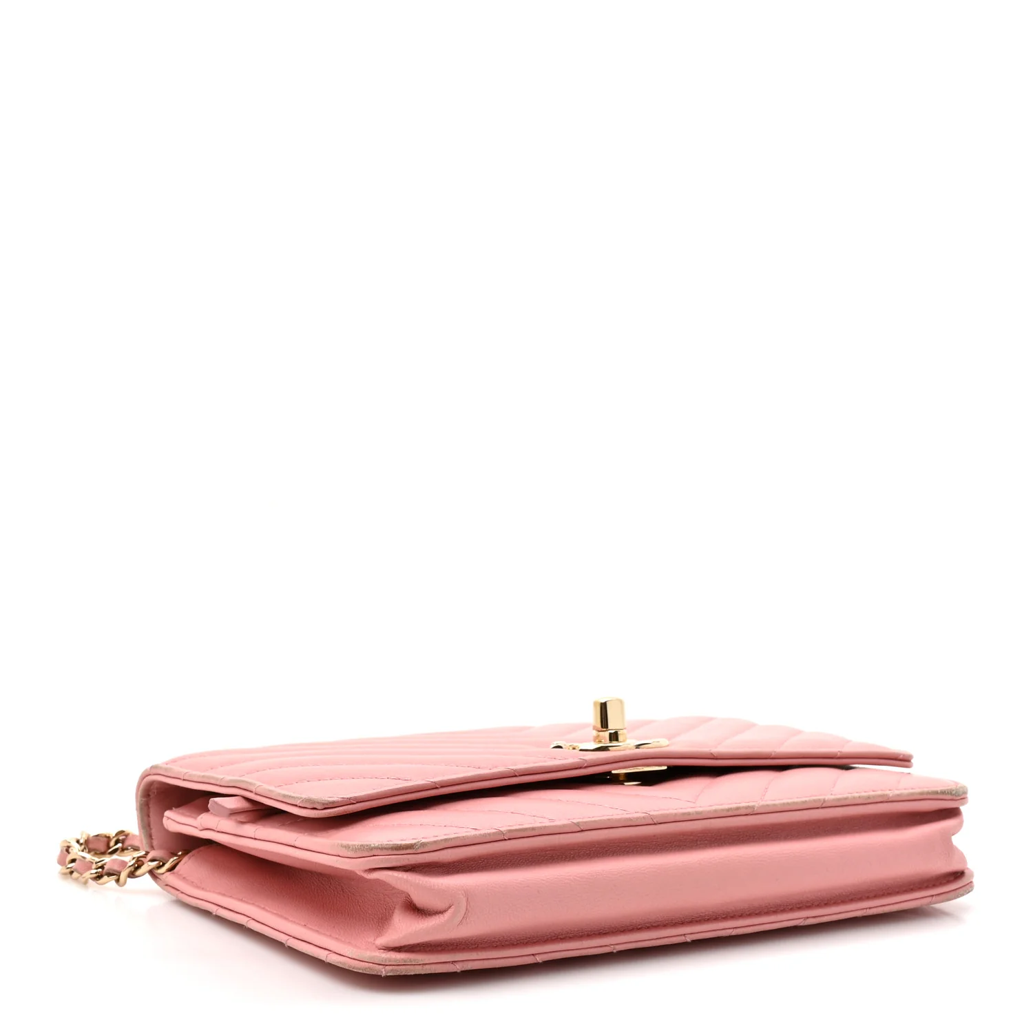 Lambskin Chevron Quilted Trendy CC Wallet On Chain WOC Pink - Image 4