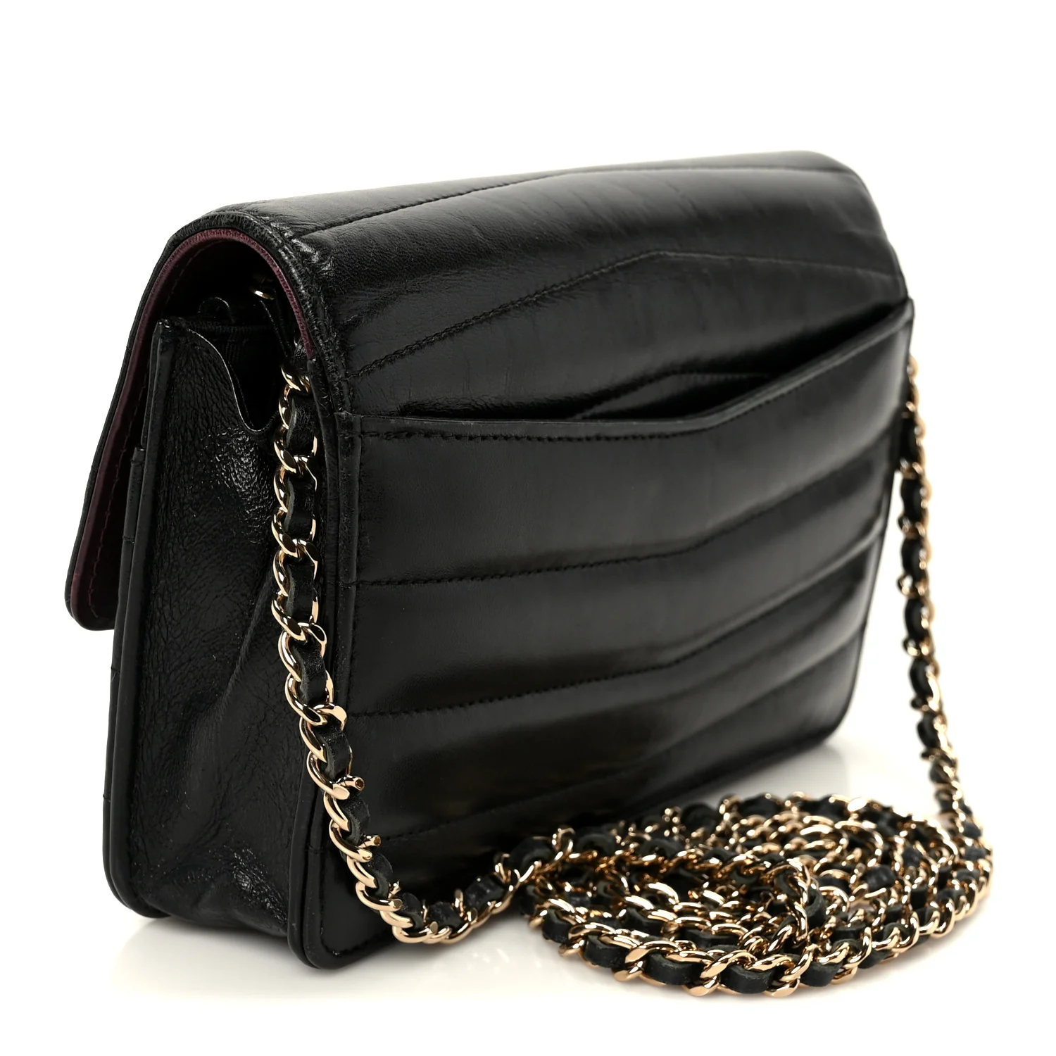 Lambskin Chevron Quilted Wallet On Chain WOC Black - Image 3