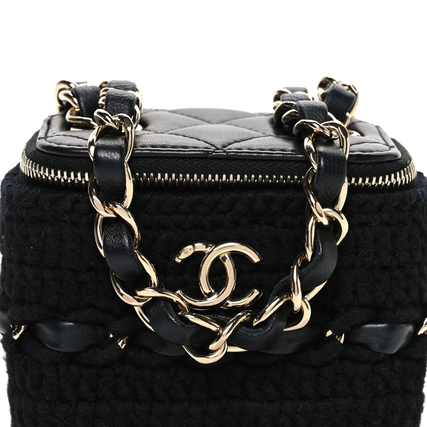 Lambskin Crochet Quilted Mini Vanity Case With Chain Black - Image 8