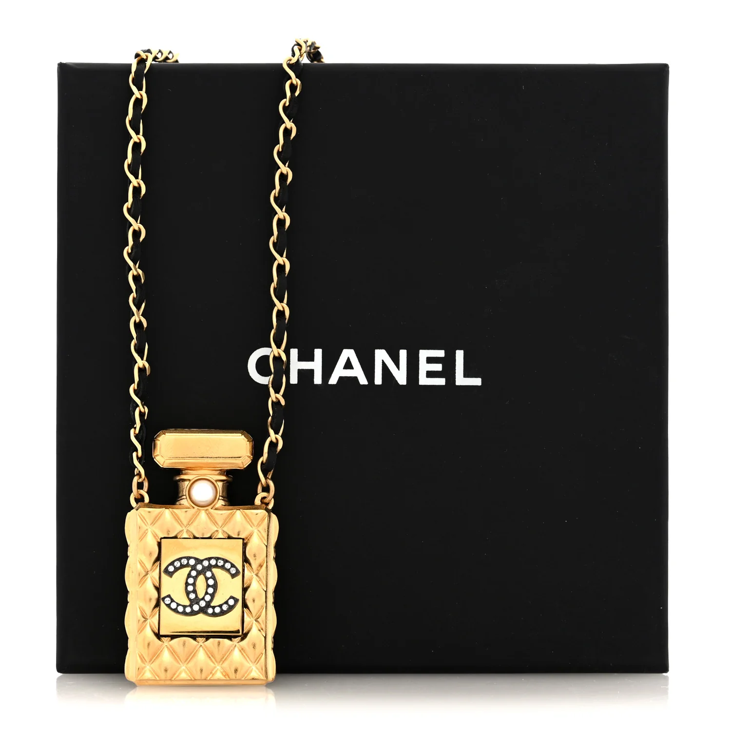 Lambskin Crystal Pearl Perfume Bottle CC Necklace Gold - Image 5