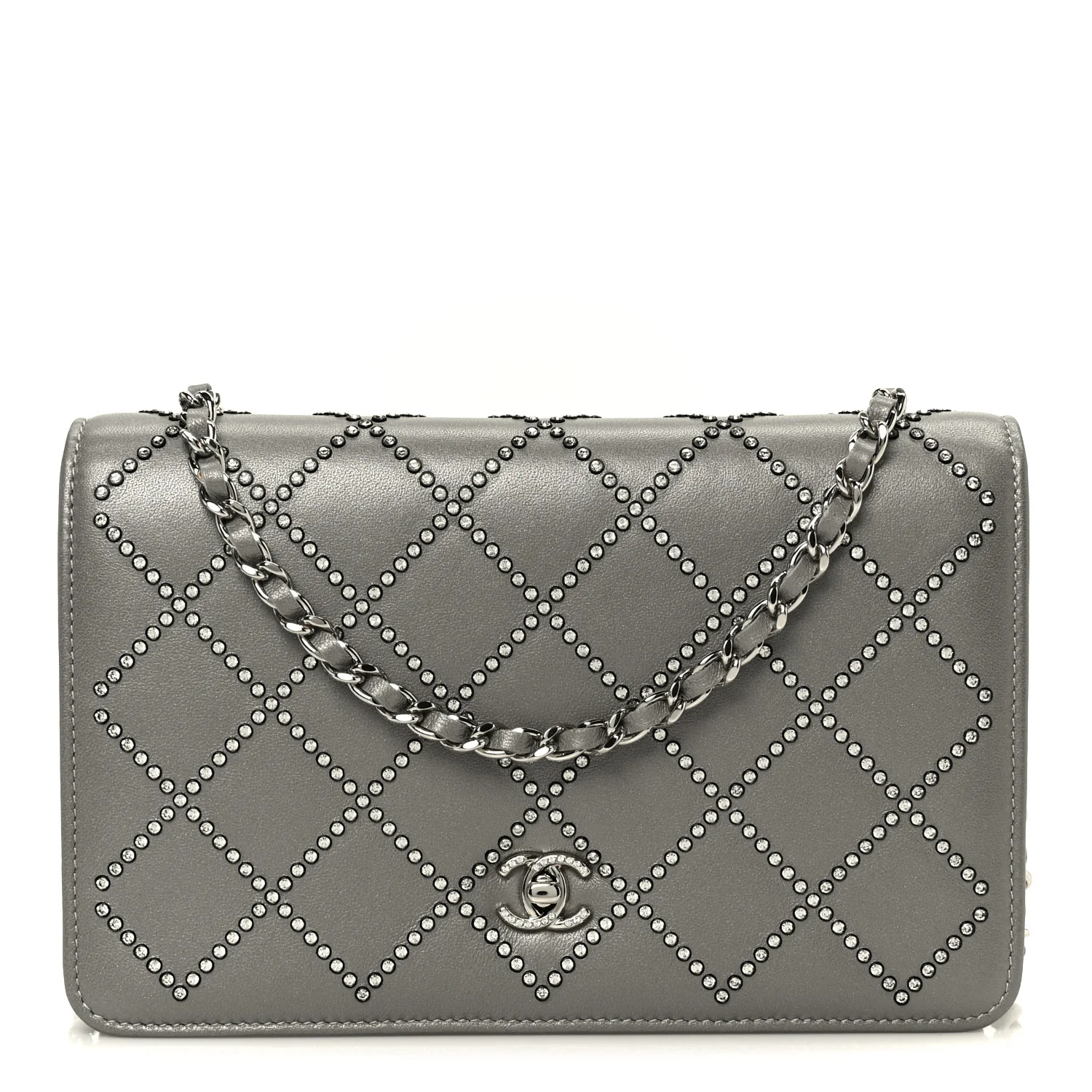 Lambskin Crystal Quilted Wallet On Chain WOC Grey
