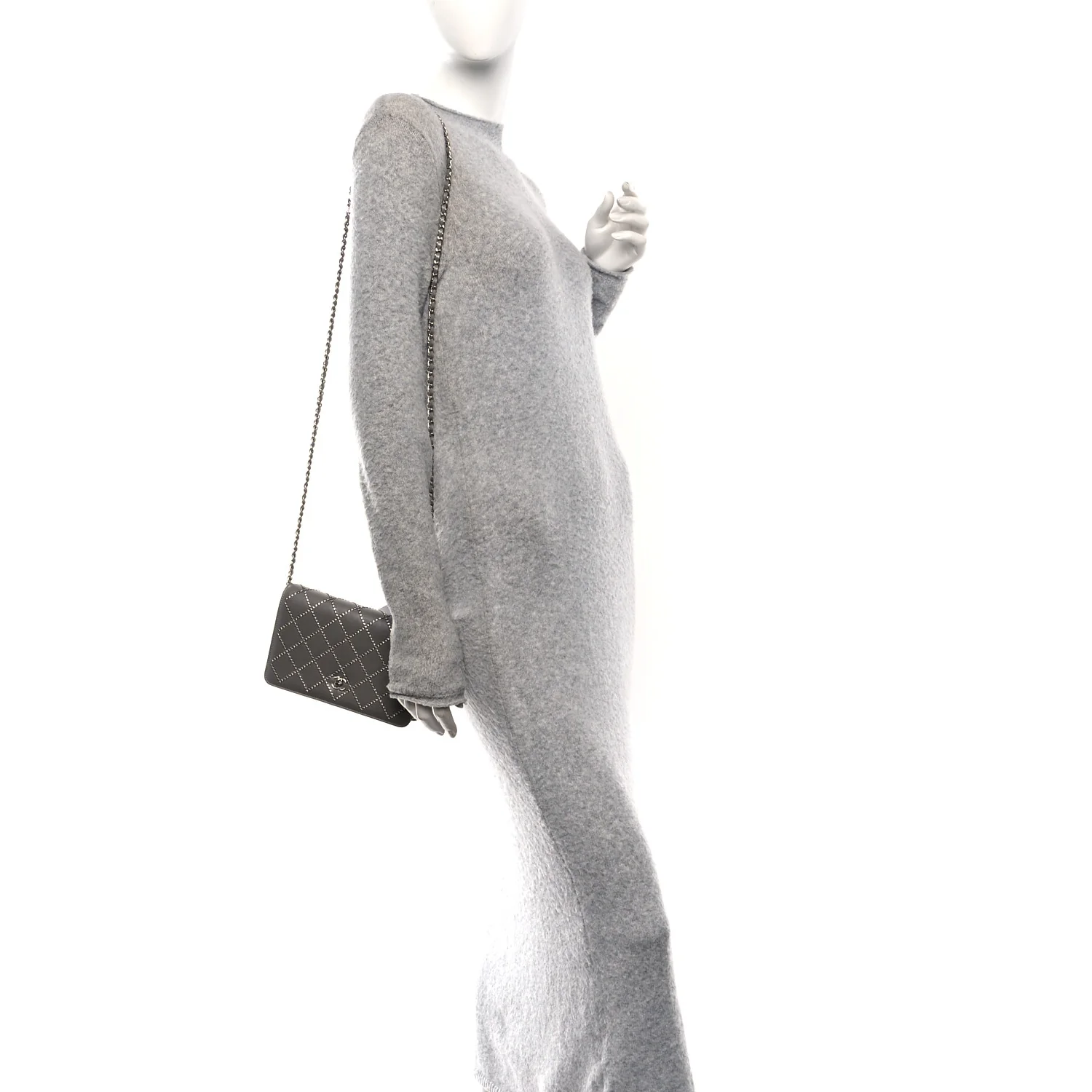 Lambskin Crystal Quilted Wallet On Chain WOC Grey - Image 2