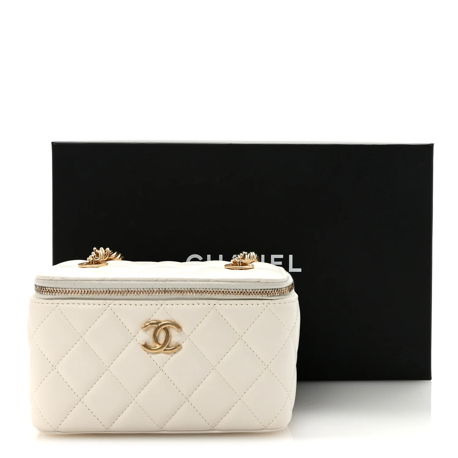 Lambskin Enamel Quilted Logo Small Vanity Case With Chain White - Image 11