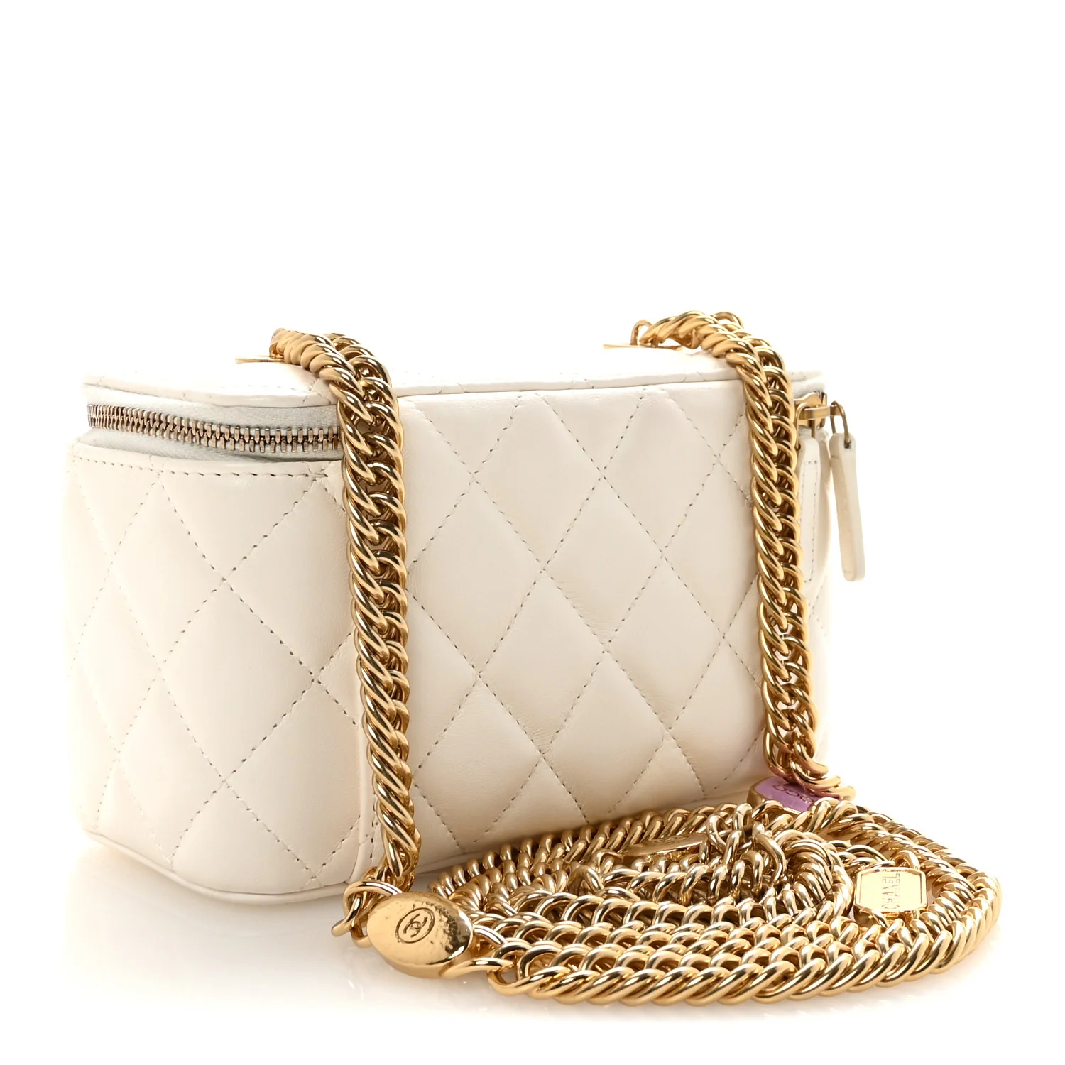 Lambskin Enamel Quilted Logo Small Vanity Case With Chain White - Image 3