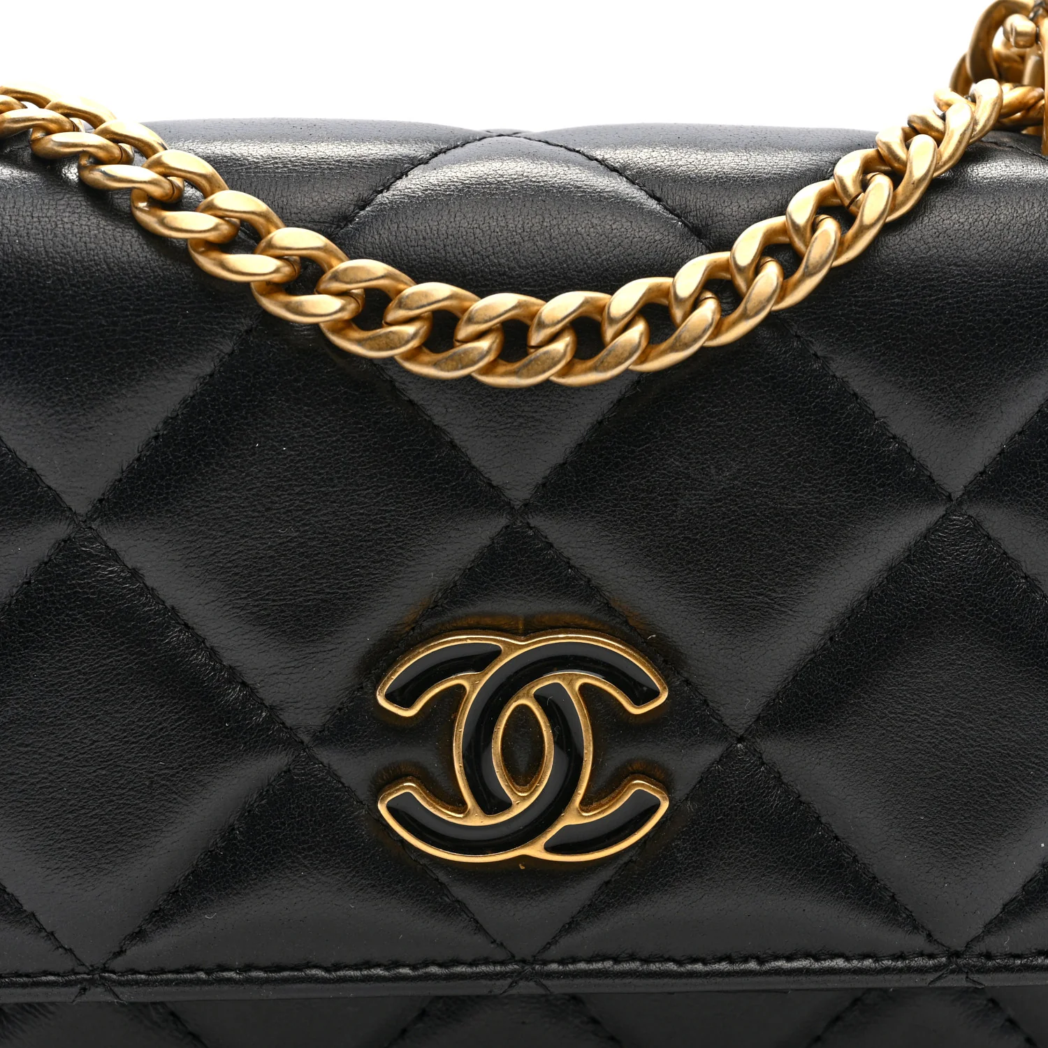 Lambskin Enamel Quilted Pending CC Clutch With Chain Black - Image 8
