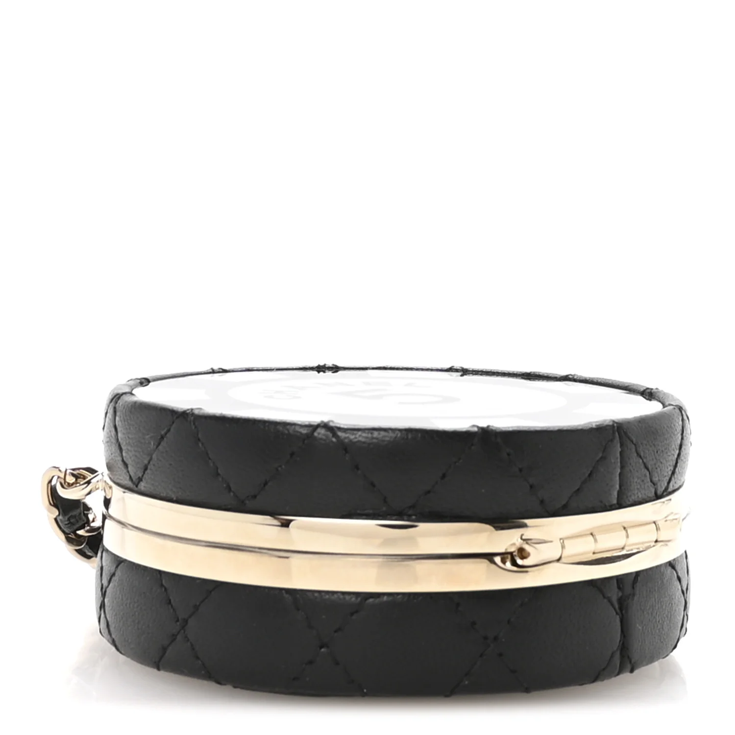 Lambskin Enamel Quilted Round Poker Chip Clutch With Chain Black White - Image 3