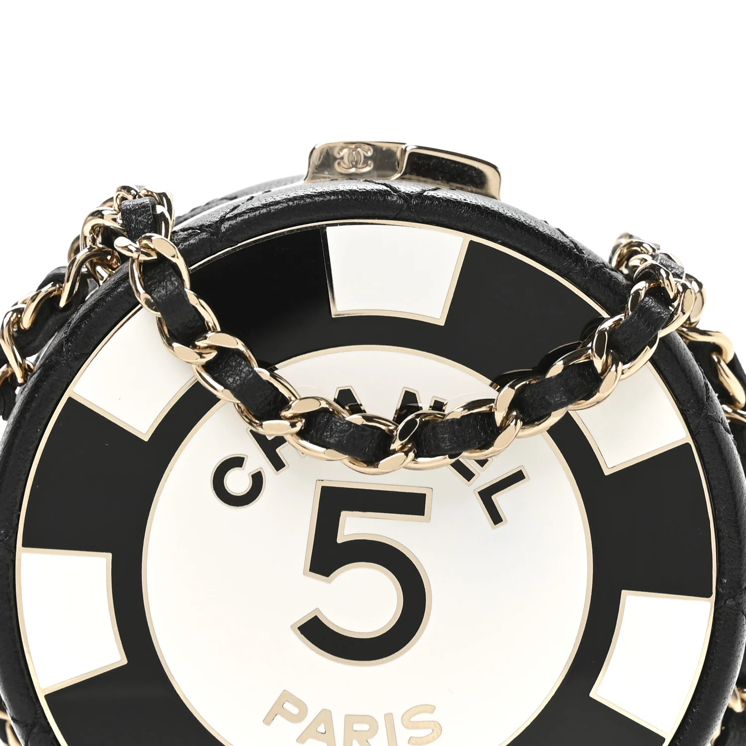 Lambskin Enamel Quilted Round Poker Chip Clutch With Chain Black White - Image 7