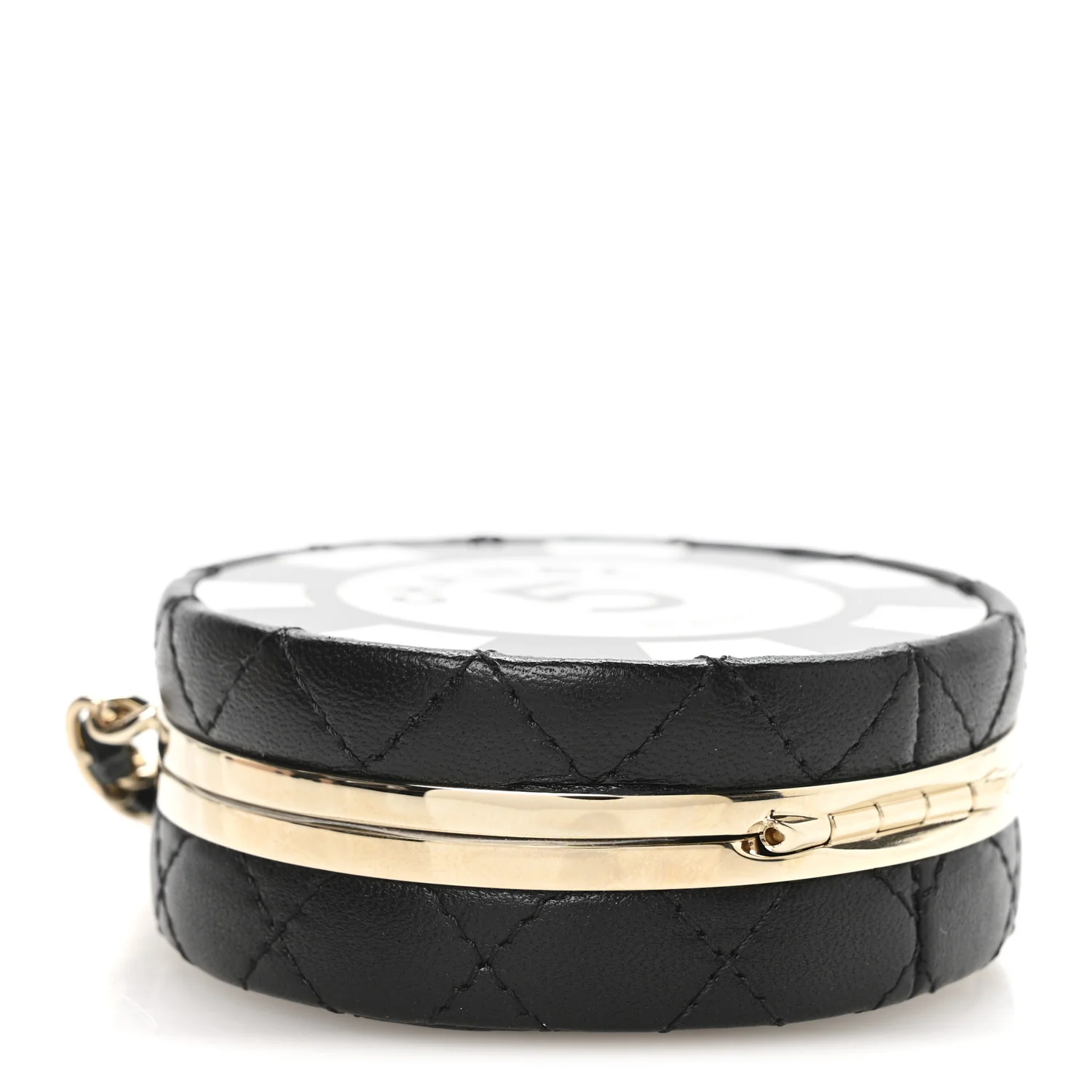 Lambskin Enamel Quilted Round Poker Chip Clutch With Chain Black White - Image 8