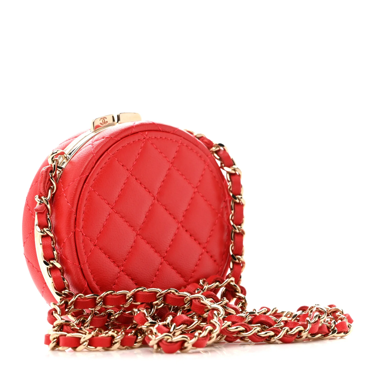 Lambskin Enamel Quilted Round Poker Chip Clutch With Chain Red White - Image 3