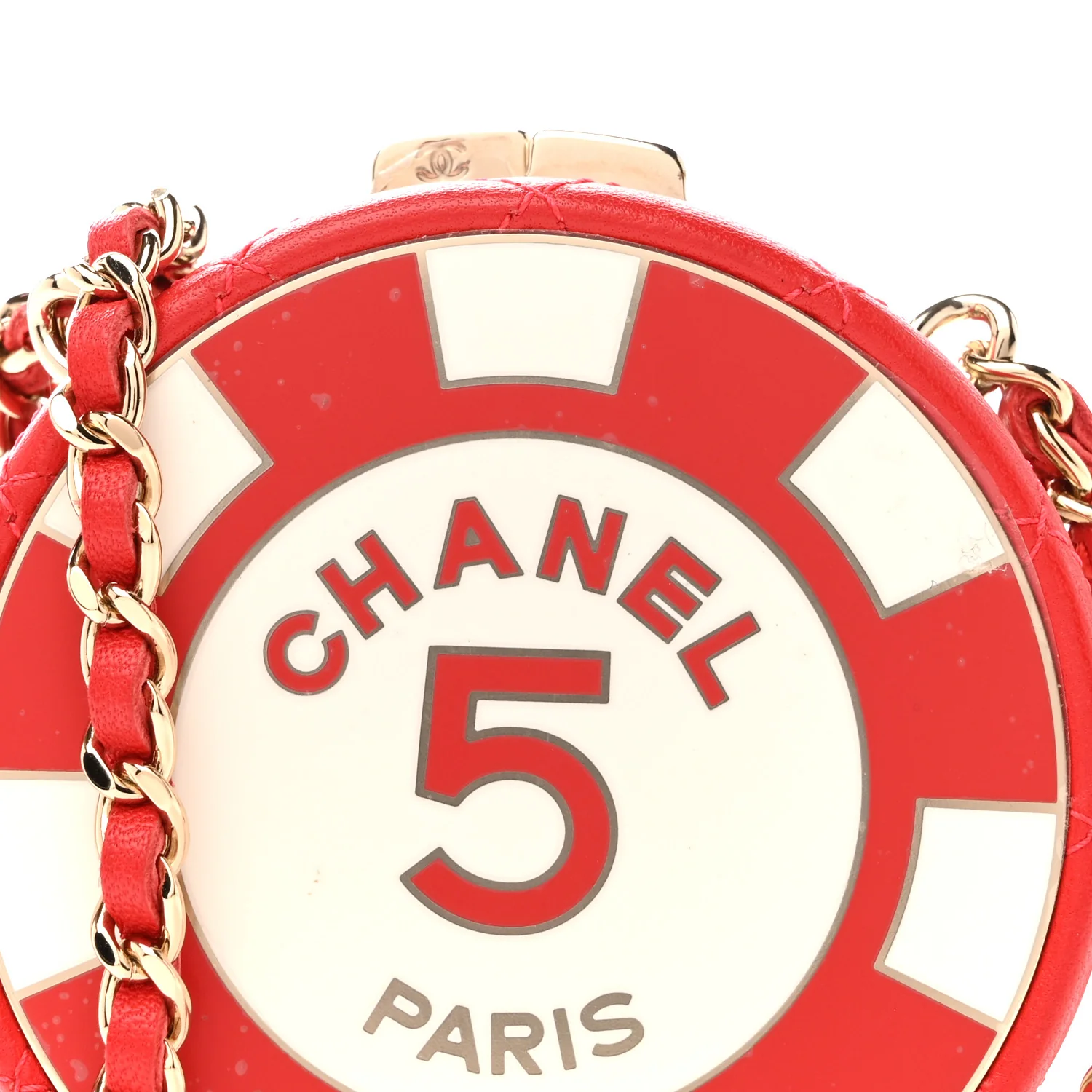 Lambskin Enamel Quilted Round Poker Chip Clutch With Chain Red White - Image 9