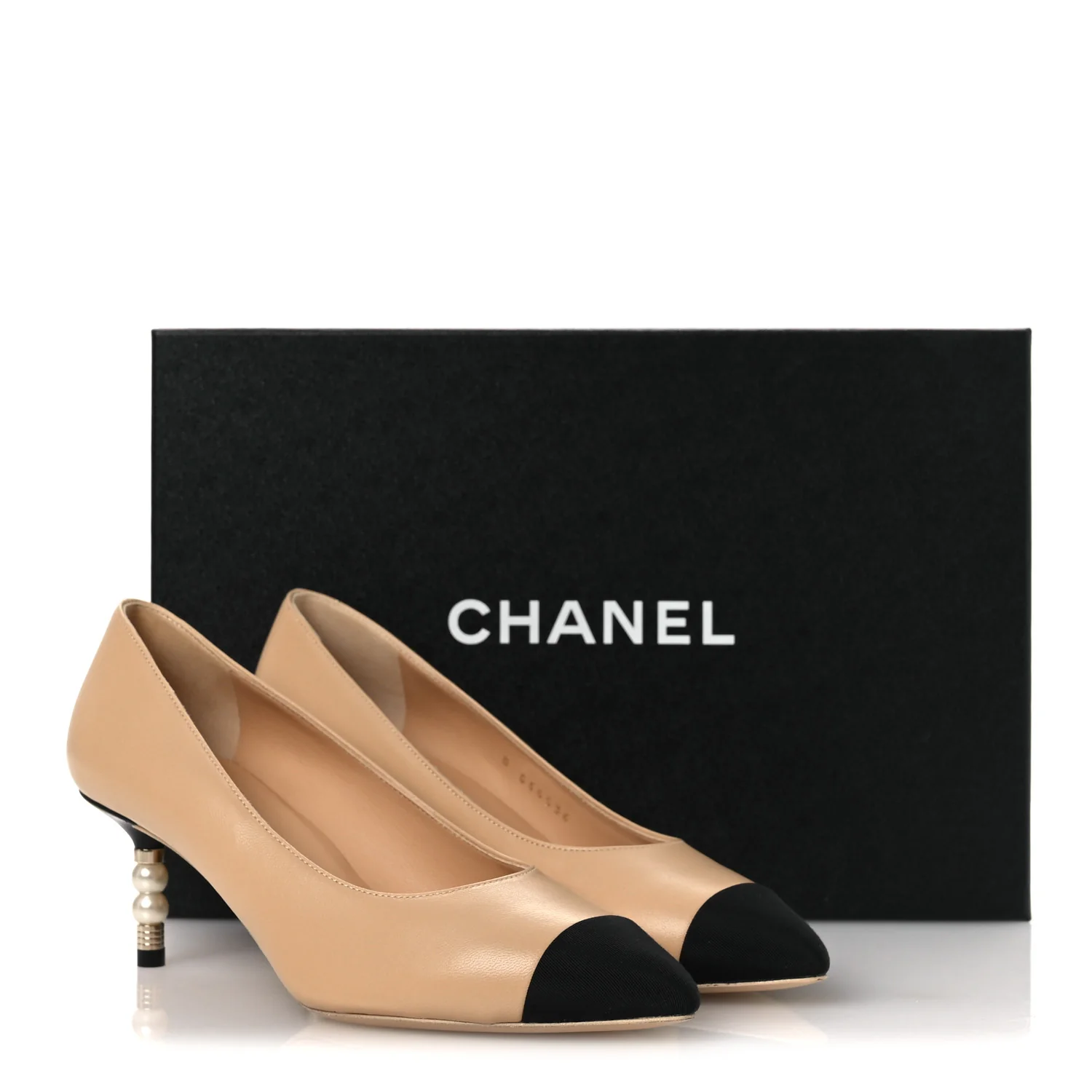 Lambskin Grosgrain Cap Toe CC Pearl Pumps 36.5 Beige Black - Image 11