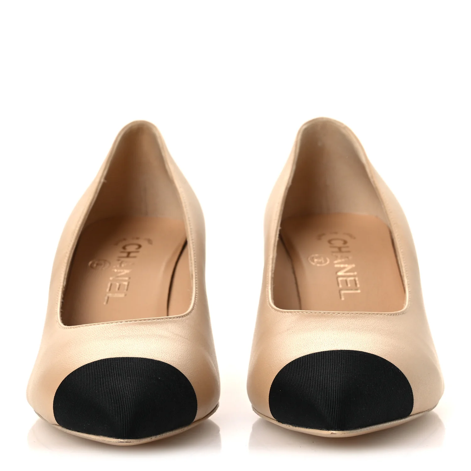 Lambskin Grosgrain Cap Toe CC Pearl Pumps 36.5 Beige Black - Image 3