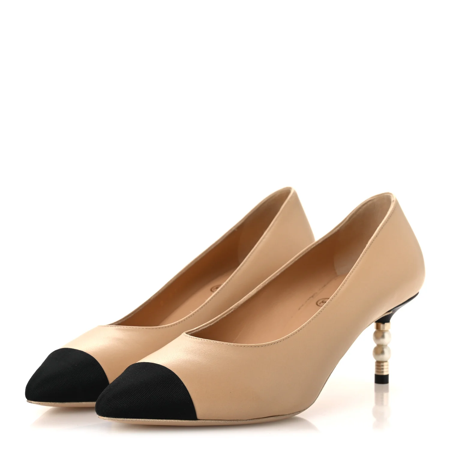 Lambskin Grosgrain Cap Toe CC Pearl Pumps 36.5 Beige Black - Image 4