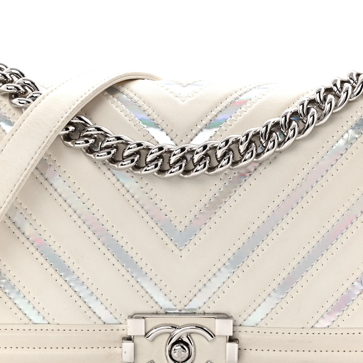 Lambskin Iridescent PVC Chevron Quilted Medium Boy Flap White Silver - Image 8