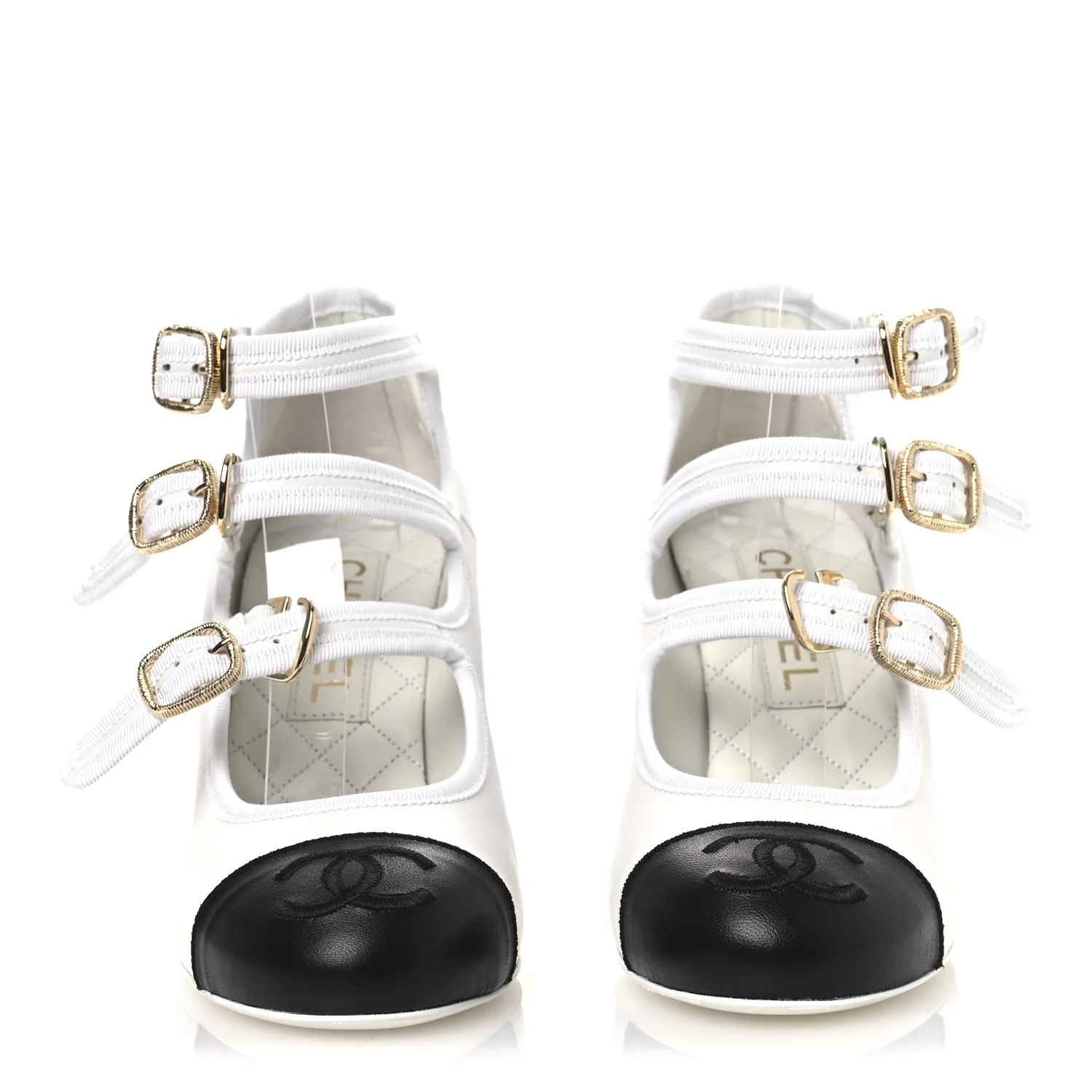 Lambskin Metal Mary Jane Pumps 37 White Black - Image 3